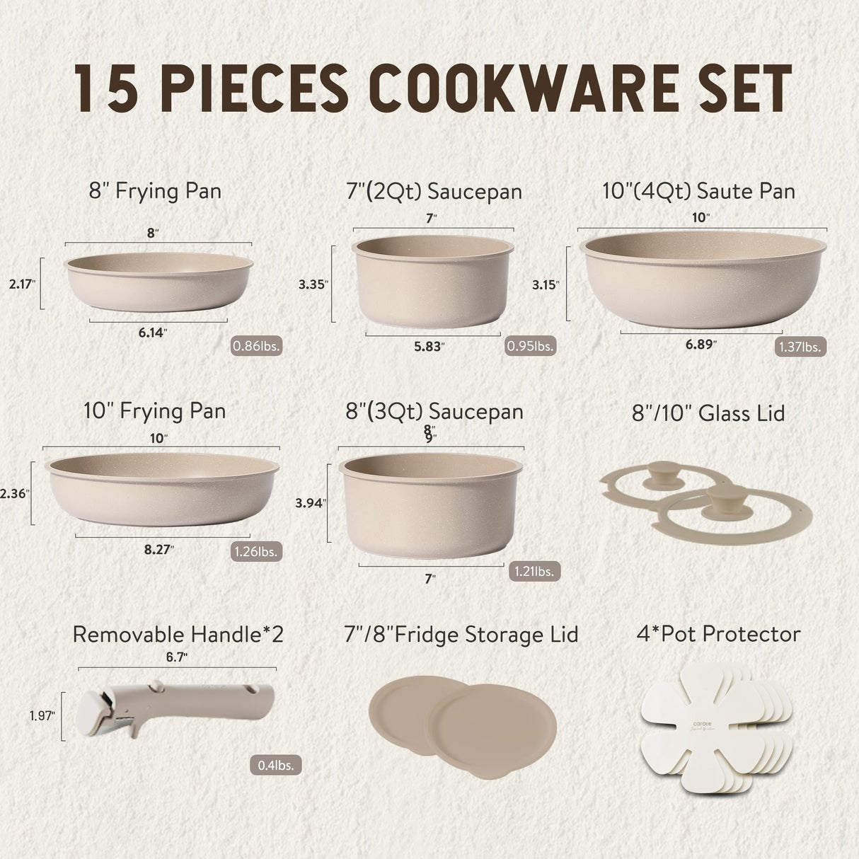 CAROTE 15pcs Pots and Pans Set, Nonstick Cookware Set Detachable Handle, Induction Kitchen Cookware Sets Non Stick with Removable Handle, RV Cookware Set, Oven Safe, Taupe CAROTE