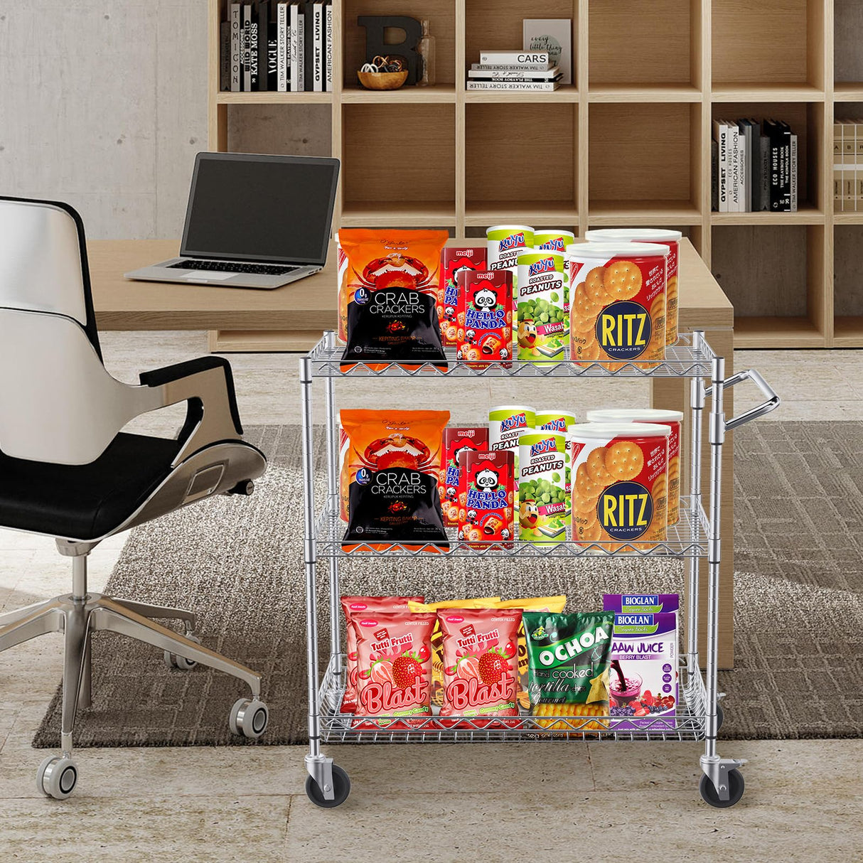 VEVOR Kitchen Utility Cart, 3 Tiers, Wire Rolling Cart with 661 LBS Capacity, Steel Service Cart on Wheels, Metal Storage Trolley with 80 mm Deep Basket Curved Handle 6 Hooks, NSF Listed VEVOR