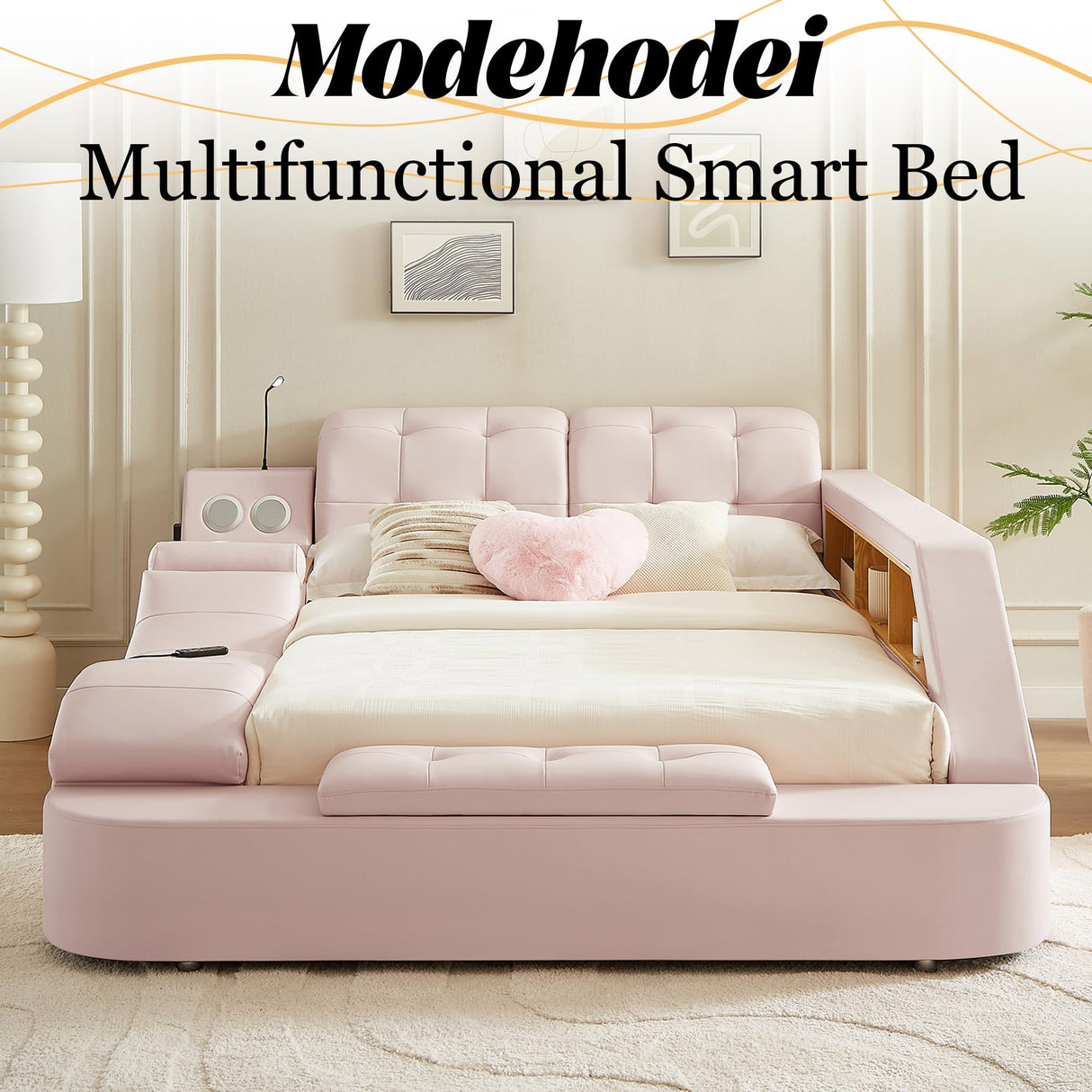Modehodei Luxury King Size Bed Frame, Modern Multifunctional Bed with Massage Recliner | Bluetooth Speaker | USB Charging Station | Adjustable Headboard, PU Leather Fabric, Bedroom Furniture, Pink Modehodei