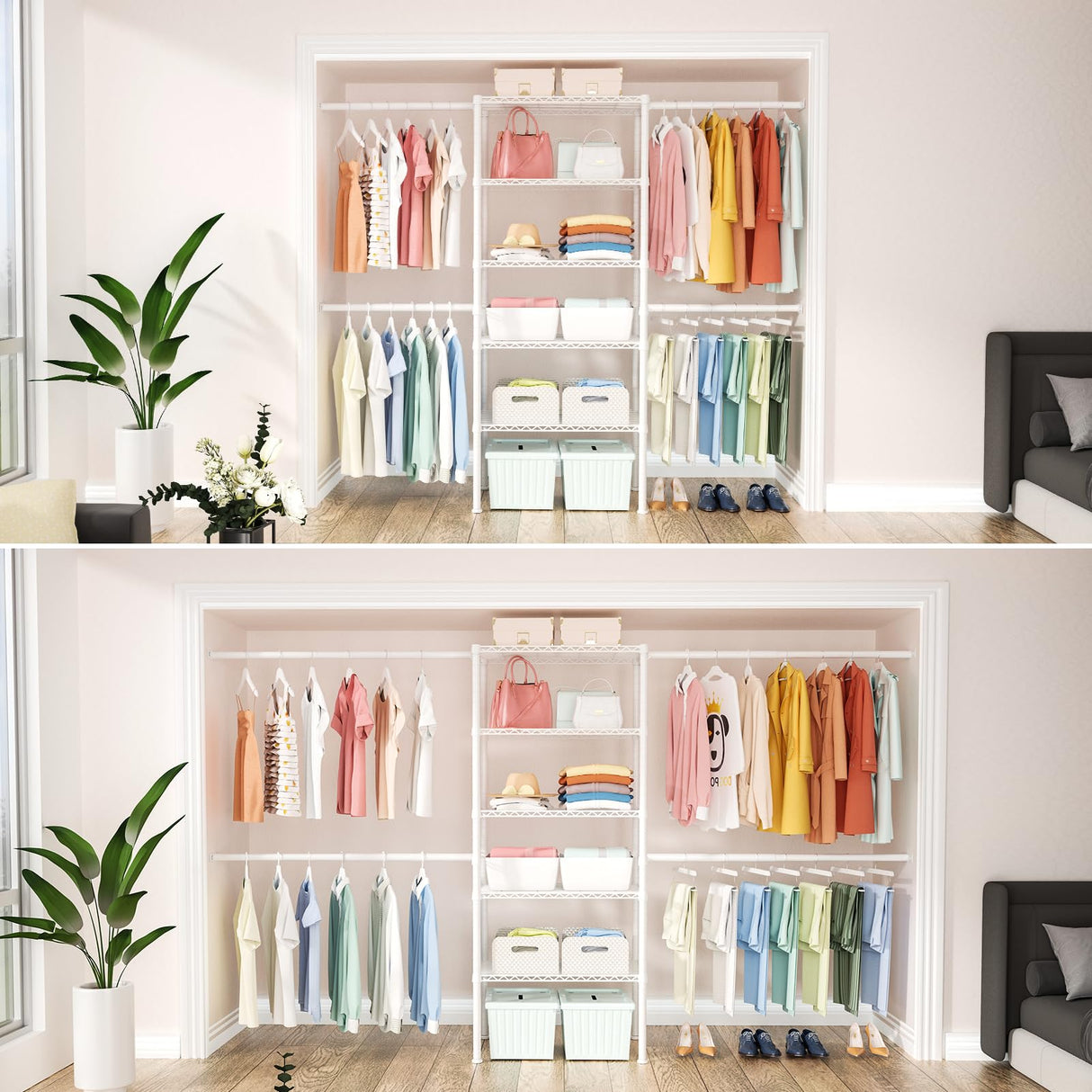 Ulif M2 Closet Organizer System, 5.9 Feet Height Mounted to the Wall Garment Rack with 4 Expandable Hanger Rods, 5 Shelves in 23.6" L x 14.5" W, Suit Total Space from 5.8-8.8 ft, White Ulif