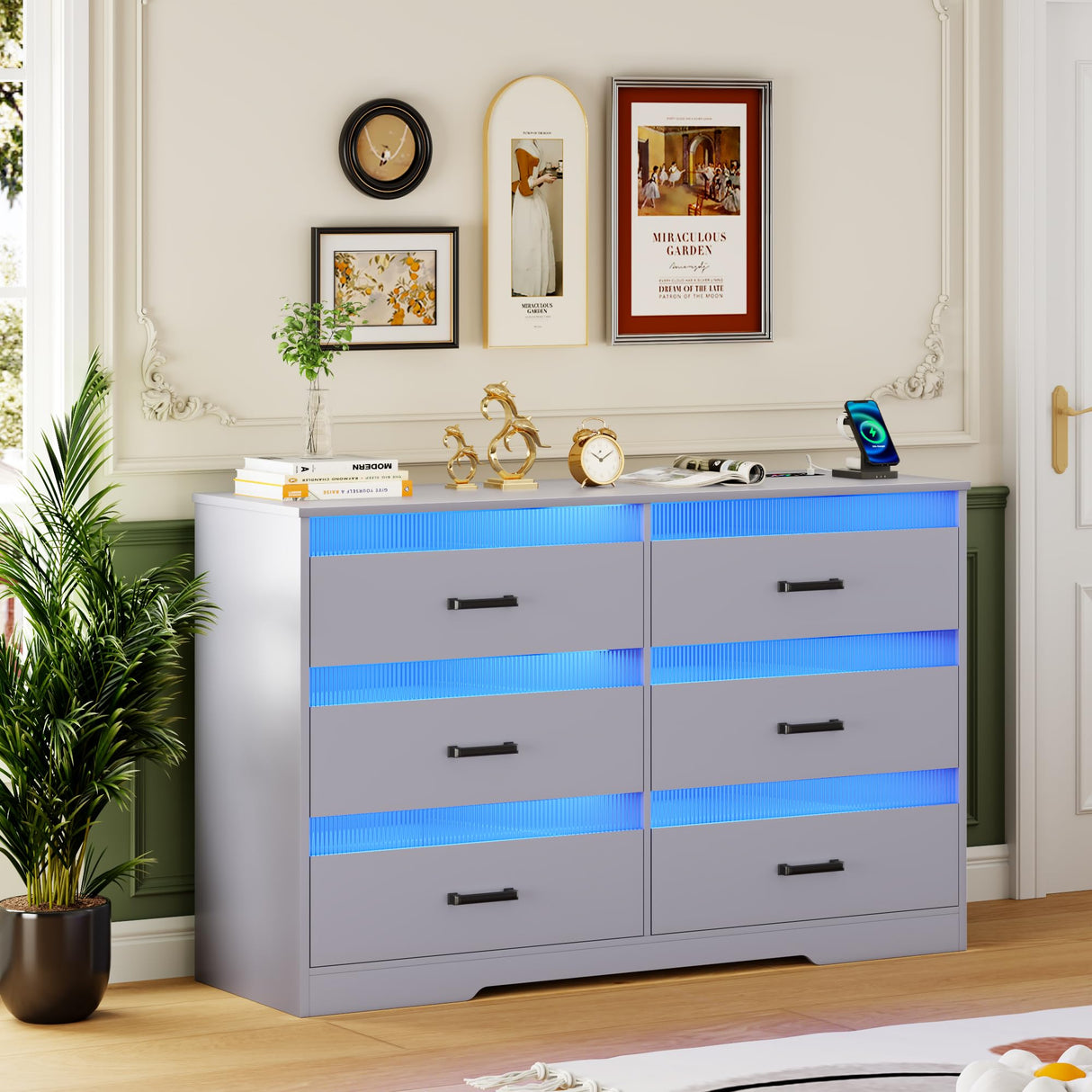 Grey Dresser for Bedroom with LED Light, 6 Drawer Large Chest of Drawers, Modern Dresser with Charging Station, Wood Bedroom Dresser for Closet/Living Room/Hallway Dystler