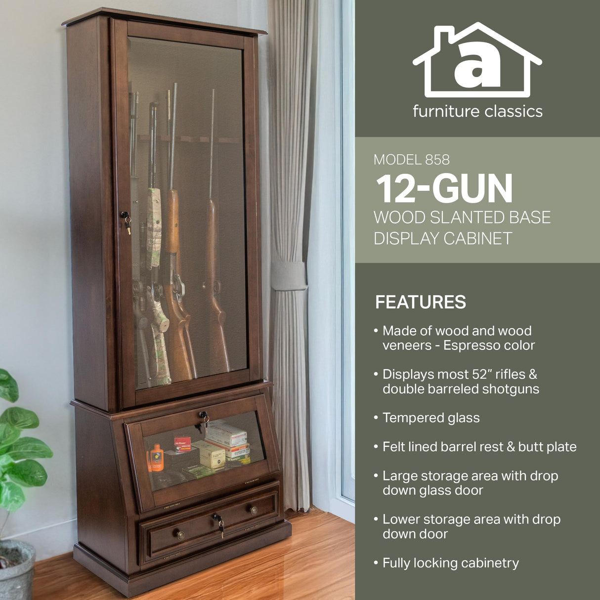 American Furniture Classics Model 858, 12 Gun Cabinet with Slanted Base and Tempered Glass, Espresso American Furniture Classics