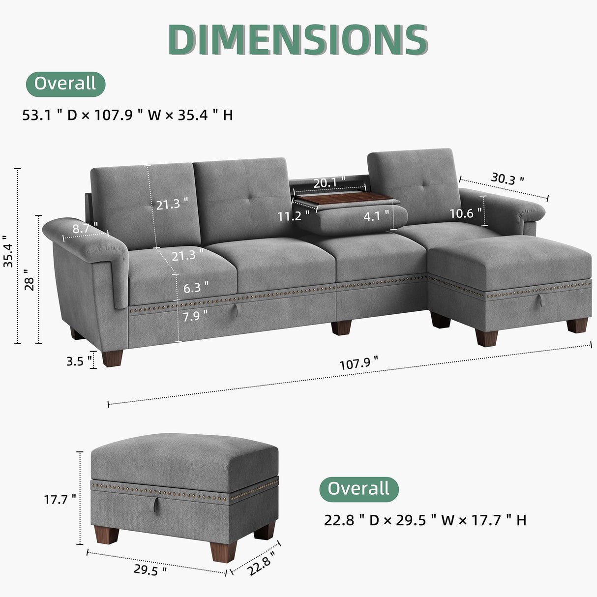 Shintenchi Sectional Couch, Convertible L Shaped Couch with Storage, Modular Sectional Sofa with Storage Ottoman for Living Room, Apartment, Office, Light Grey Shintenchi