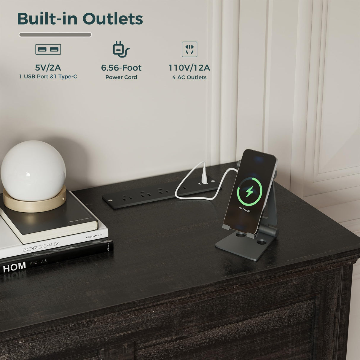 IRONCK 5 Drawer Dresser for Bedroom, Farmhouse Chest of Drawers with Charging Station, Vintage Drawer with Natural Texture, 47.8" Tall Dresser for Living Room, Hallway, Charcoal IRONCK