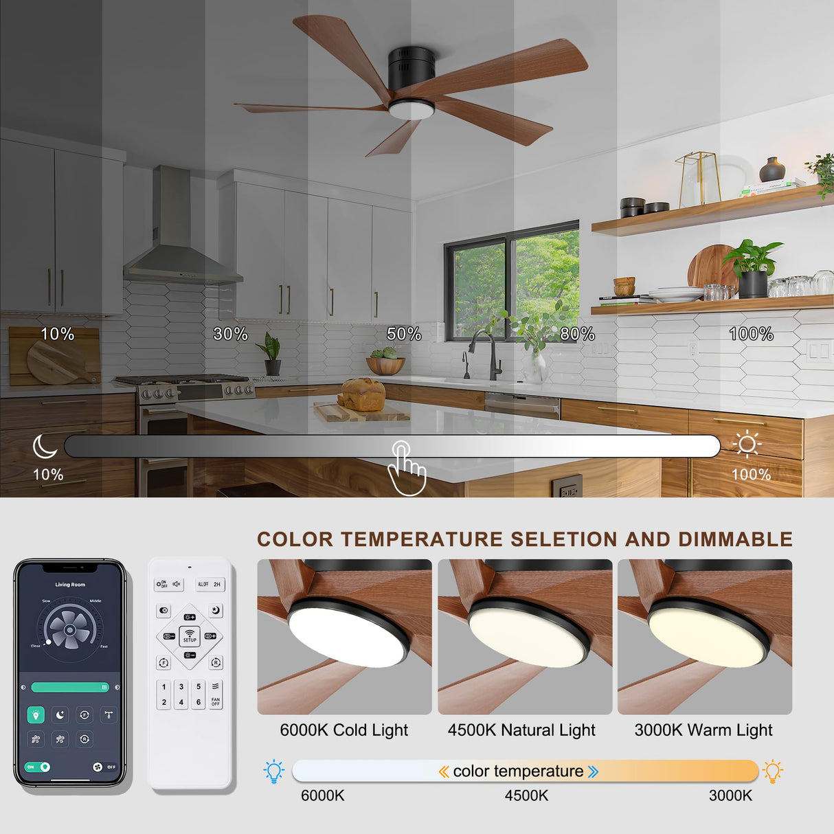 Ohniyou 52” Flush Mount Farmhouse Ceiling Fan with Lights, Remote & APP Control Low Profile Indoor Outdoor Ceiling Fans, Dimmable, Quiet DC Motor, Reversible, Black+Wood Ohniyou