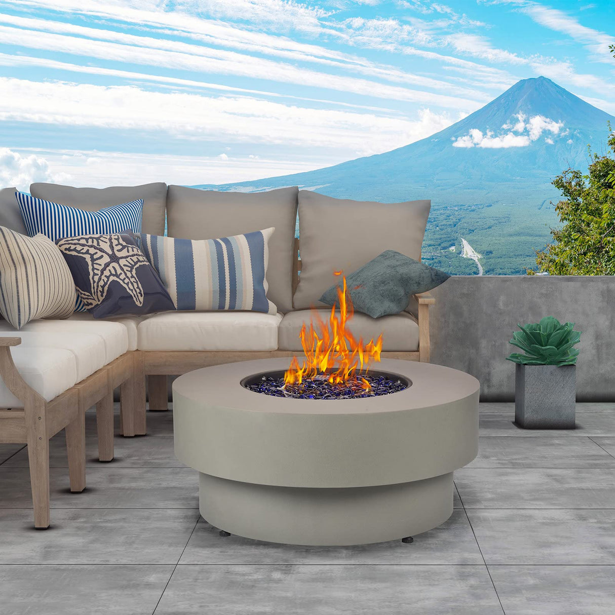 BAIDE Home Propane Outdoor Fire Pit Table, Flint & Concrete Look 33-inch Round Patio Gas Fire Table 50,000 BTU w/Lid, Fire Glass, Heavy Duty Rain Cover, Pre-Attached 10ft Propane Hose BAIDE HOME