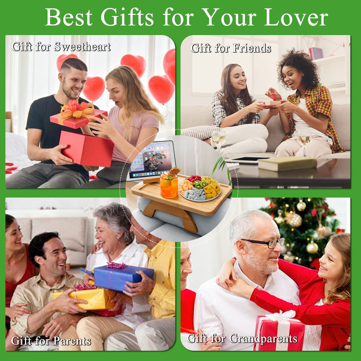 SINWANT Bamboo Sofa Clip on Side Table for Wide Couches Arm, Foldable Couch Tray with 360° Rotating Phone Holder, Armrest Table for Eating/Drinks/Snacks/Remote/Control SINWANT