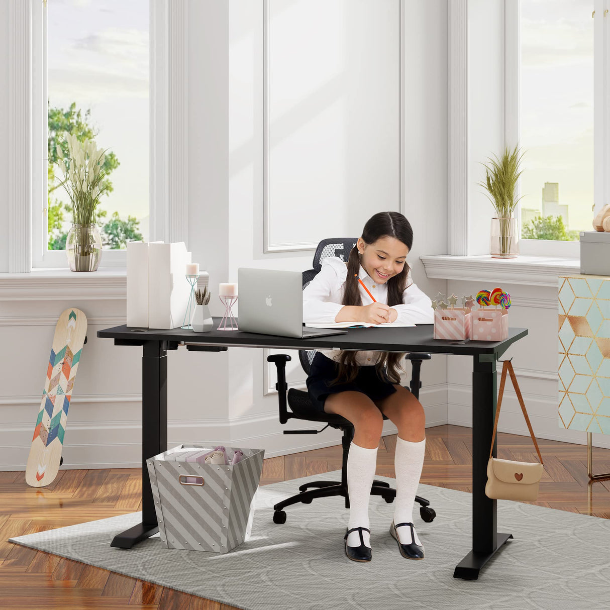 Meilocar Height Adjustable Electric Standing Desk, Sit Stand Computer Desk w/Memory Controller, Home Office Workstation Stand up Desk with Splice Board, 55" x 24" Tabletop (Black Top + Black Frame) Meilocar