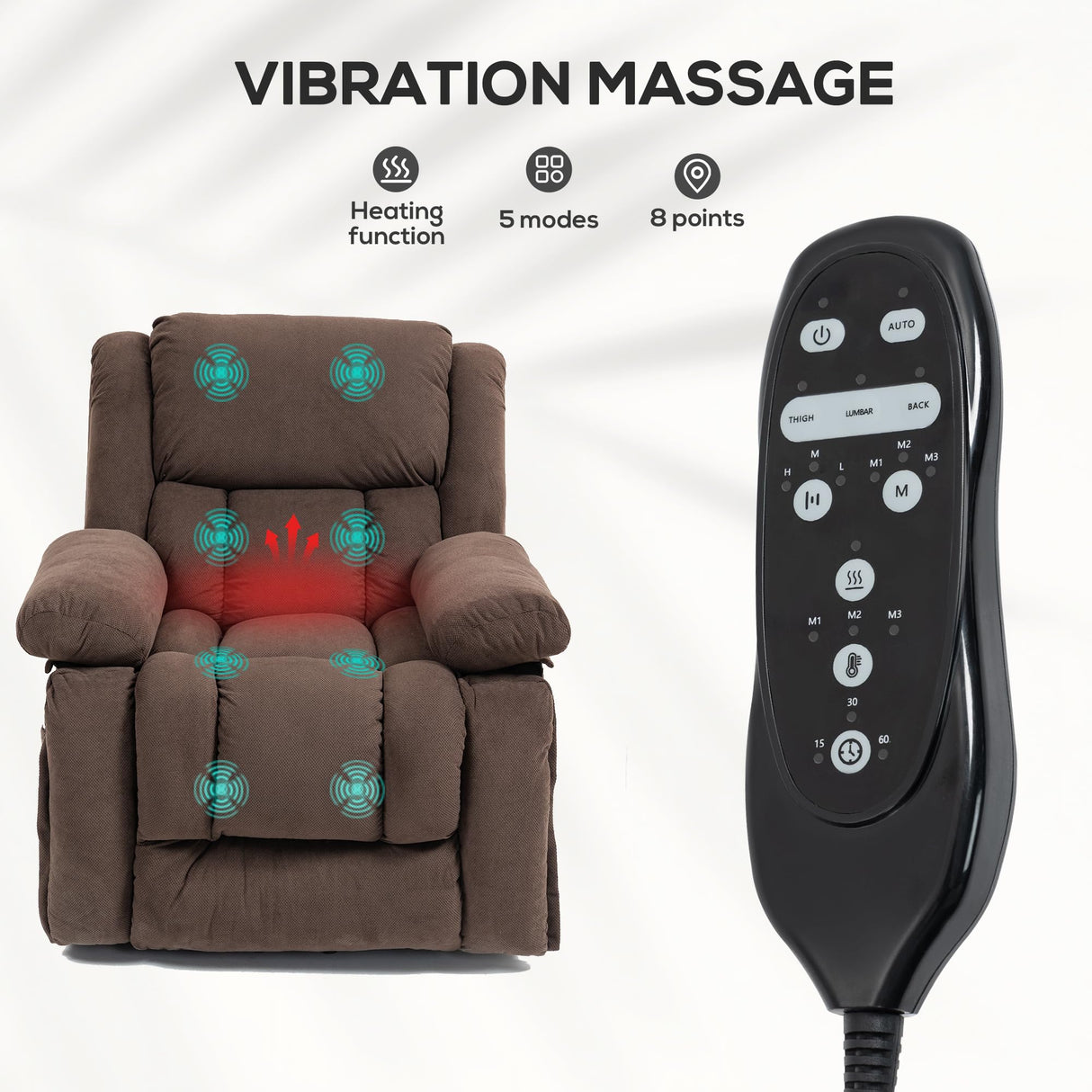 HOMCOM Power Lift Recliner Chair for Elderly with Vibration Massage and Heat, Overstuffed Reclining Chair with Remote, USB Port and Side Pockets, Single Sofa with Pocket Spring, Brown HOMCOM