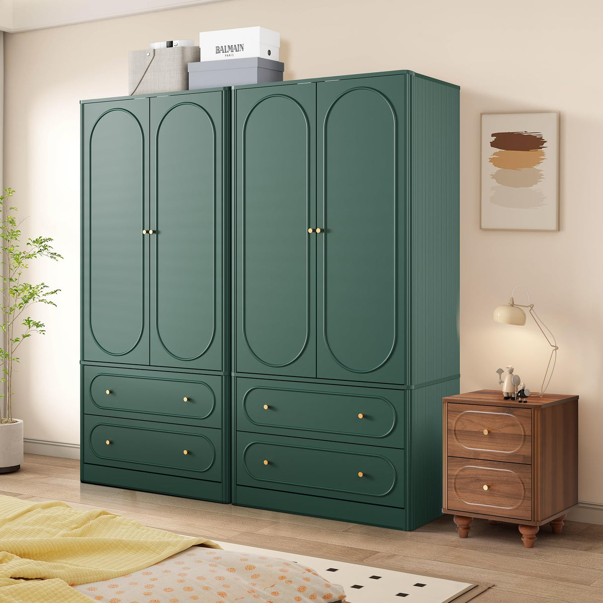 Fluted Freestanding Armoire Wardrobe Closet with 2 Doors and 2 Storage Drawers, Large Capacity Wardrobe Cabinet, Wooden Closet for Bedroom, Living Room - Green ORRD