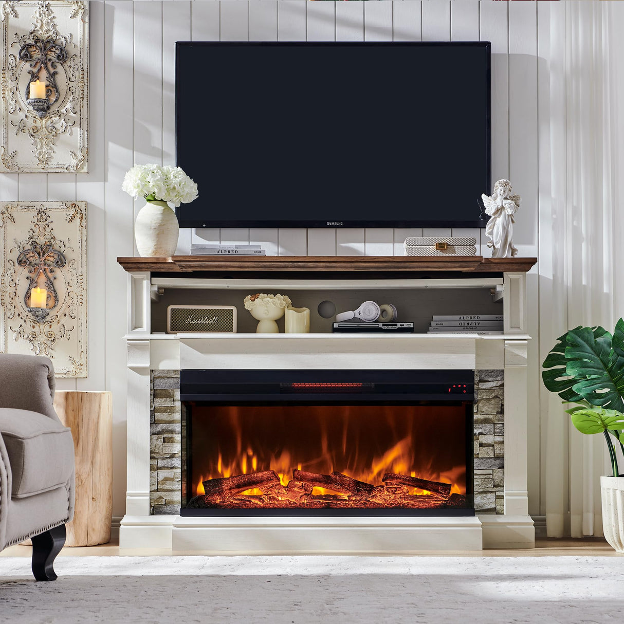 OKD 52" Electric Fireplace with Mantel, Freestanding Fireplace Heater TV Stand with 36" 3-Side Glass Insert for TVs Up to 65" with Storage Cabinet for Living Room, Antique White OKD