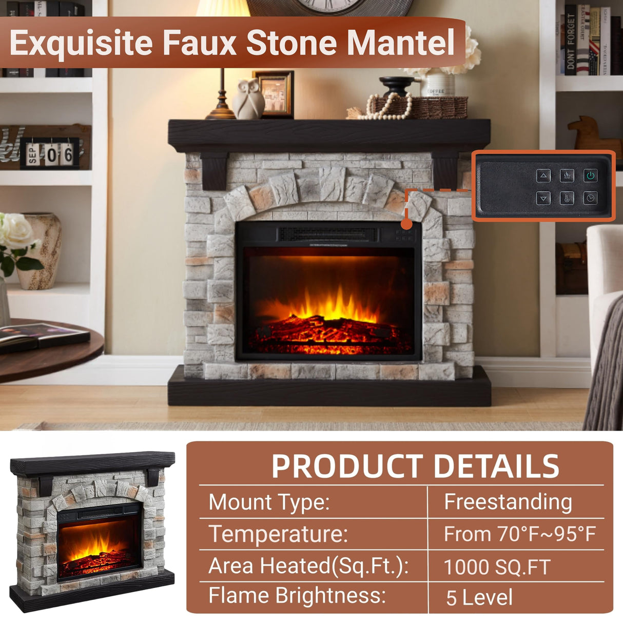 Electric Fireplace with Mantel, 40”W Faux-Stone Fireplace Mantel,Tall Fire Place Heater Freestanding with LED Flame for Living Room Bedroom, 40”Wx12”Dx35”H, Gray Edwin's Choice