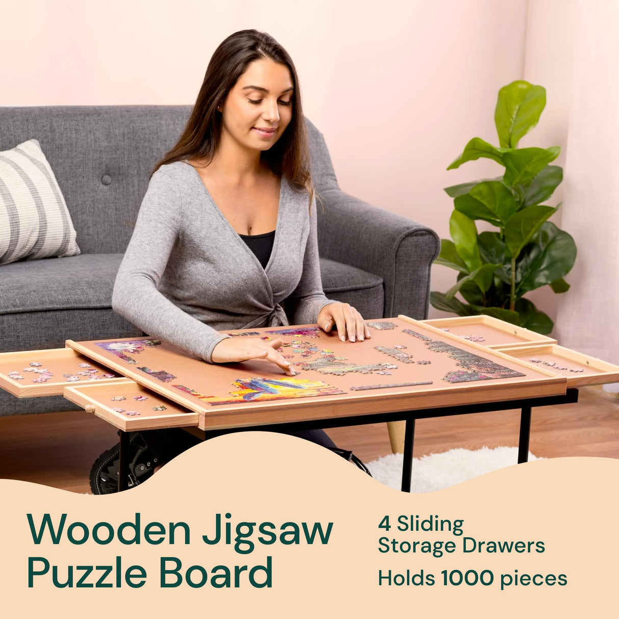 PLAYVIBE Rotating Jigsaw Puzzle Board with Drawers 1000 Piece – Puzzle Table with Cover, 4 Drawers, 22 1/4” x 30" – Wooden Puzzle Organizer – Puzzle Accessories PLAYVIBE