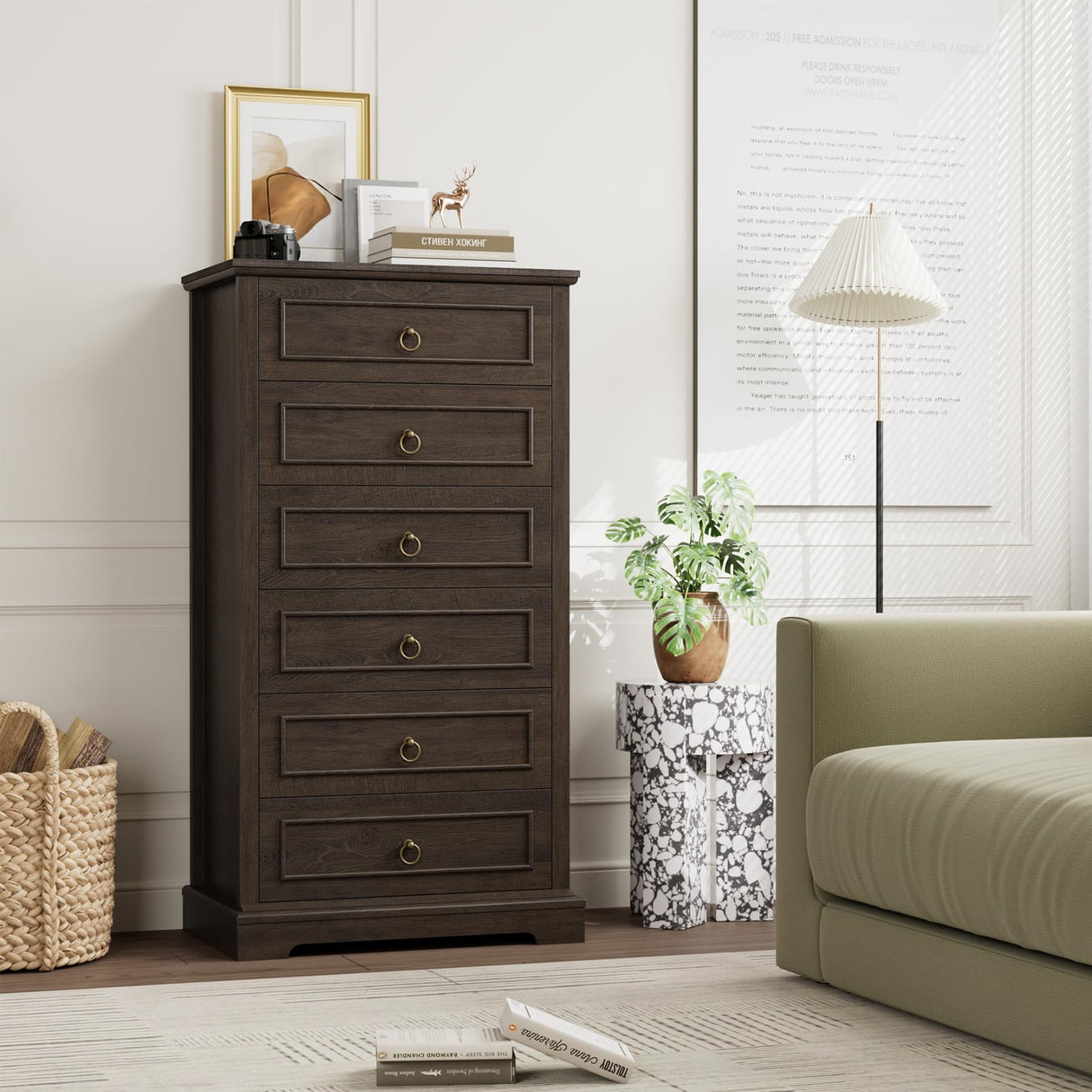 HOSTACK 6 Drawer Dresser, 52" Tall Chest of Drawers, Modern Farmhouse Storage Dressers Organizer for Living Room, Hallway, Entryway, Home Office, Dark Brown HOSTACK