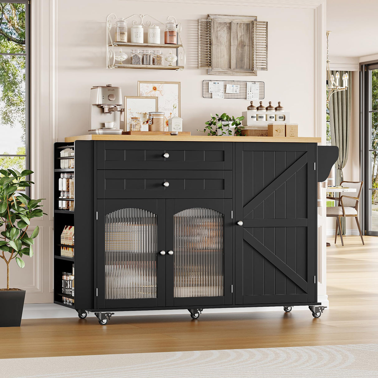 FINETONES Kitchen Island with Storage, Rolling Kitchen Island on Wheels with Wood Drop Leaf Countertop, Island Table Bar Cart with Spice Towel Rack Portable Kitchen Table Kitchen Carts on Wheels FINETONES