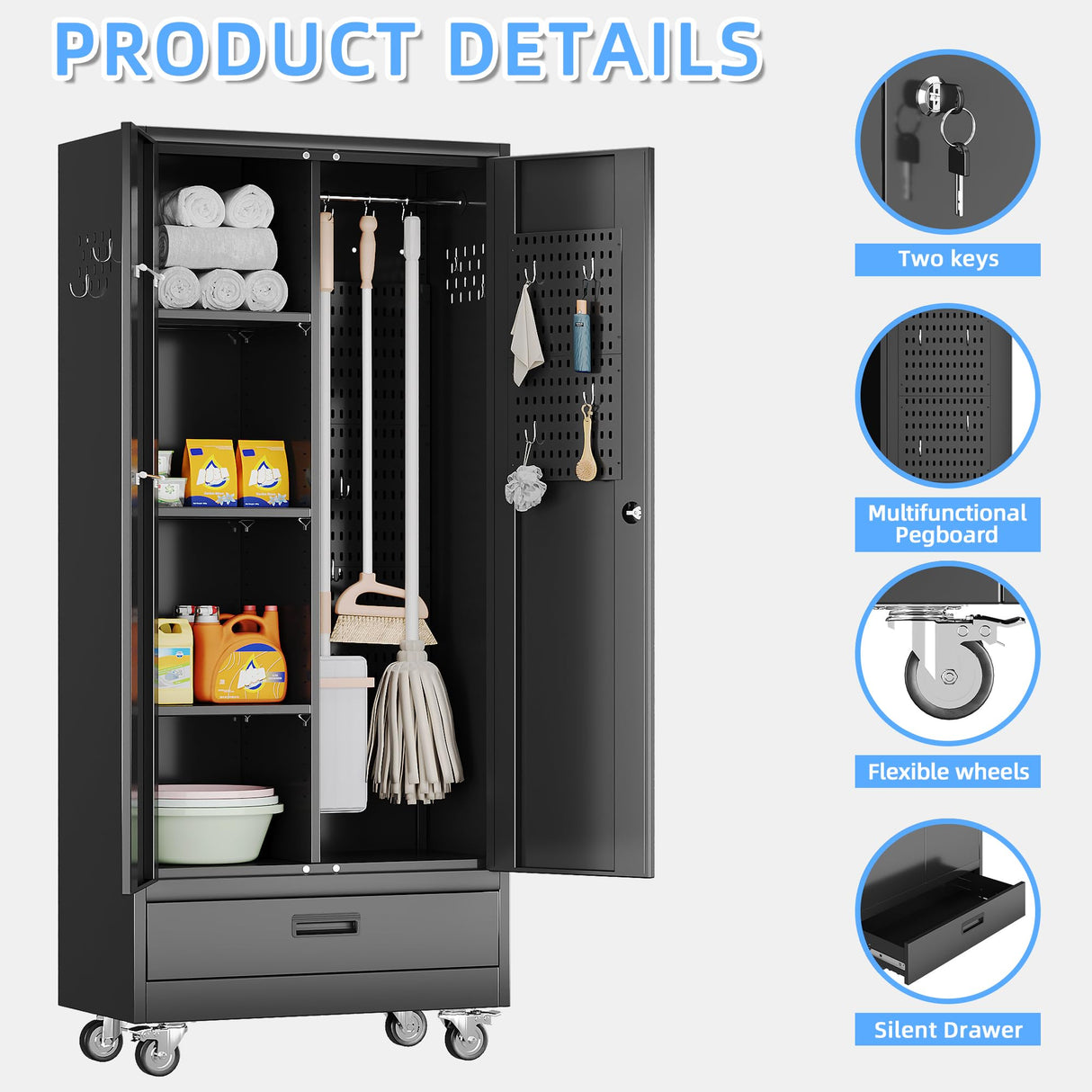 SUXXAN Broom Closet with Wheels 71"x 31.5"x15.75", Metal Cleaning Cabinets with Drawer Hooks and Hanging Rods, Lockable Cabinet with Pegboard, Adjustable Shelf,for Garage, Laundry Room SUXXAN