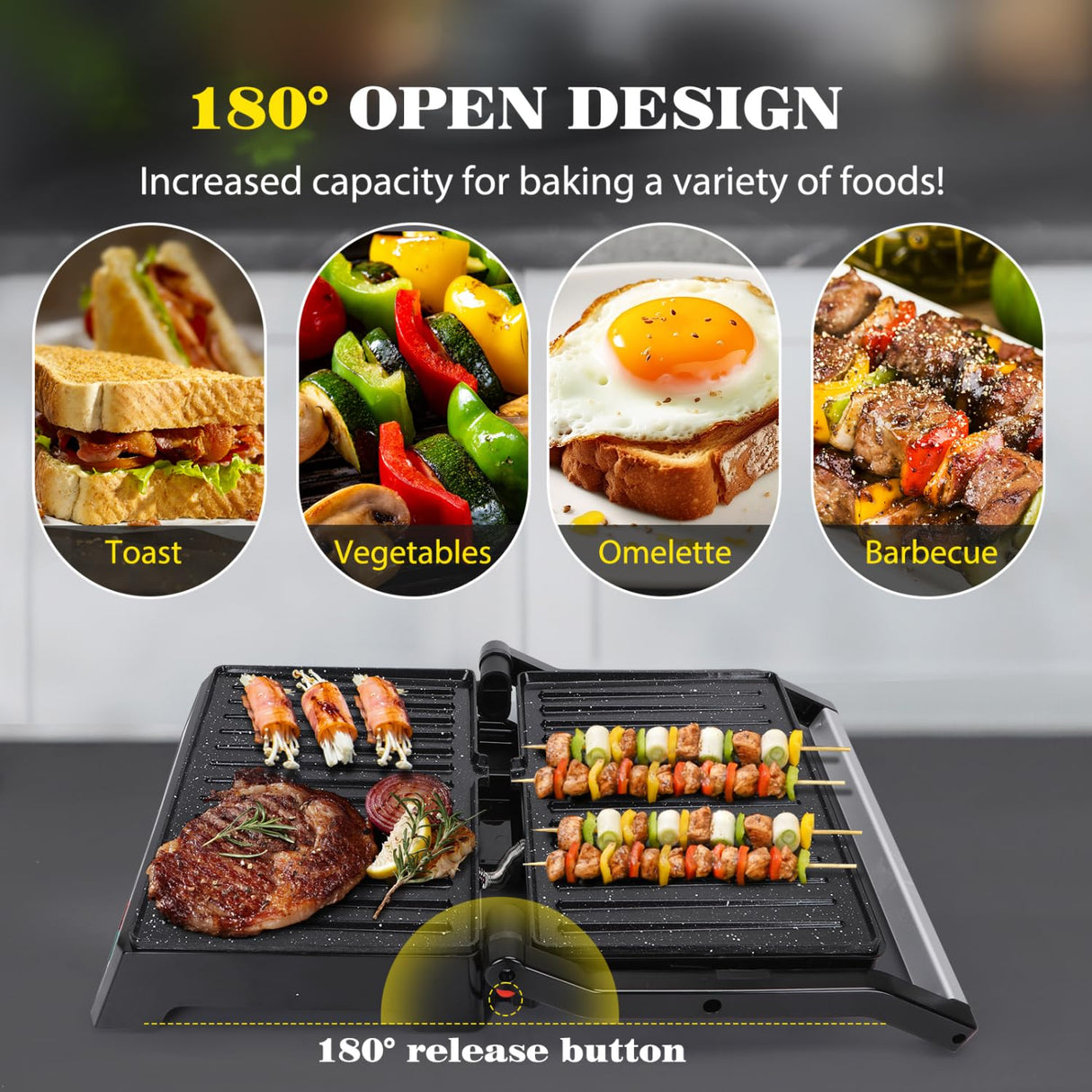 Aigostar Panini Press, 1200W Sandwich Maker and Electric Indoor Grill with Ceramic Non-Stick Coated Plates, Opens 180°to Fit Any Size of Food, Stainless Steel Surface & Removable Drip Tray, Silver Aigostar