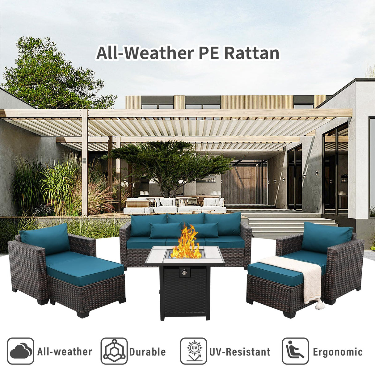 Valita 6 PCS Patio Furniture Set Outdoor Sectional Wicker Conversation Couch Brown Rattan Sofa Chairs with Ottoman 50,000BTU Adjustable Fire Pit Table and Peacock Blue Anti-Slip Cushions Valita