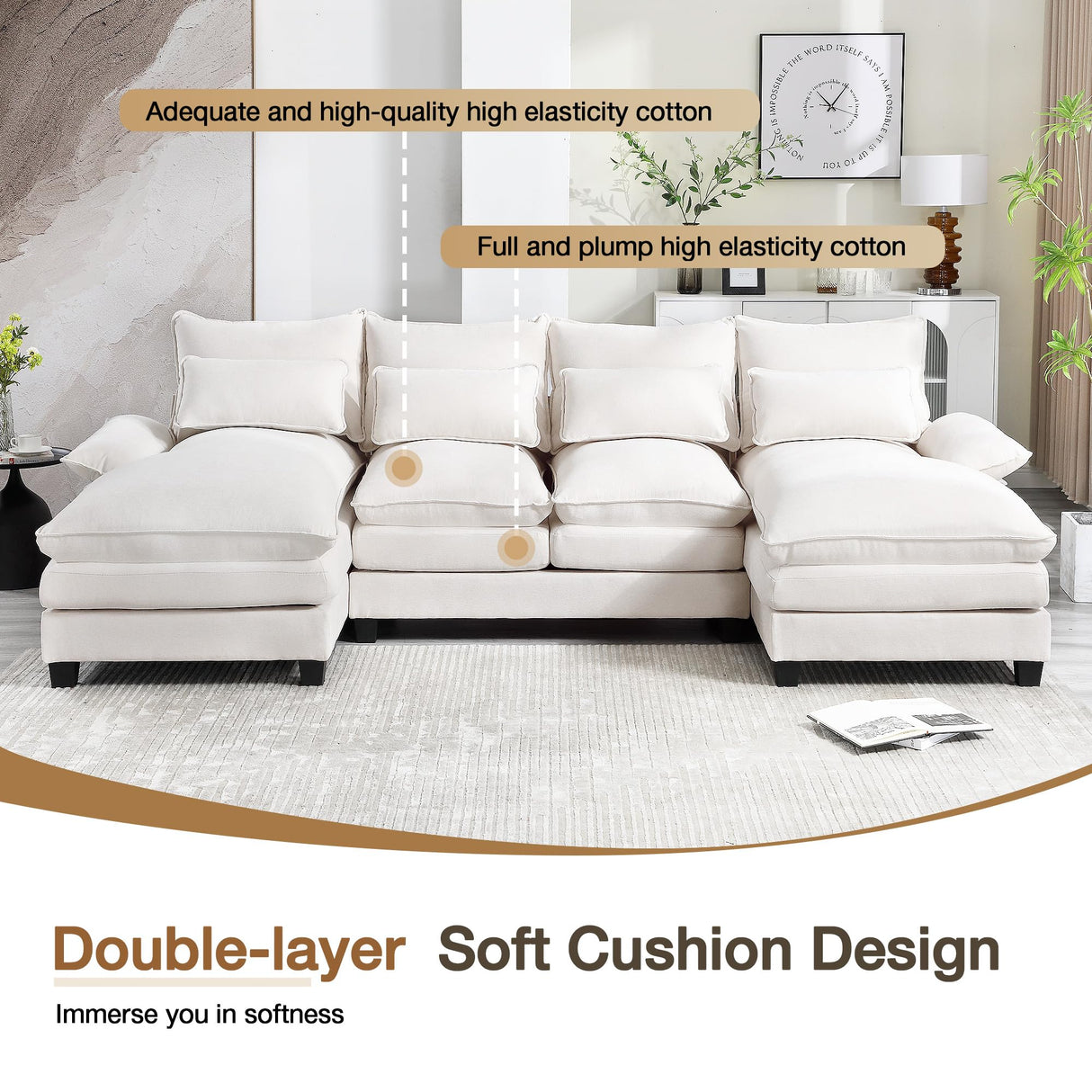 UPHYB 110.2" U Shaped Cloud Couch, Comfy Sectional Sofa Couches for Living Room, Modern Chenille 4 Seat Upholstery Couch with Double Chaise and Double Layer Cushions UPHYB