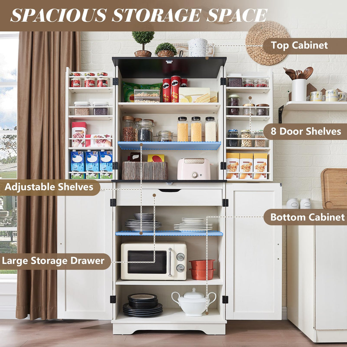 VanAcc 72" Tall Farmhouse Kitchen Pantry Cabinet with Door Organizer & Adjustable Shelves, Wooden Storage Cupboard with Drawer and Barn Doors for Kitchen, Dining Room, Living Room, Distressed White VanAcc