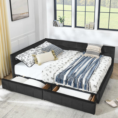 Queen Daybed with Storage Drawers, Modern Corner Tufted Velvet Upholstered Queen Size Sofa Day Bed Frame with Wooden Slats for Bedroom Guest Room Living Room, No Spring Boxes Needed, Black