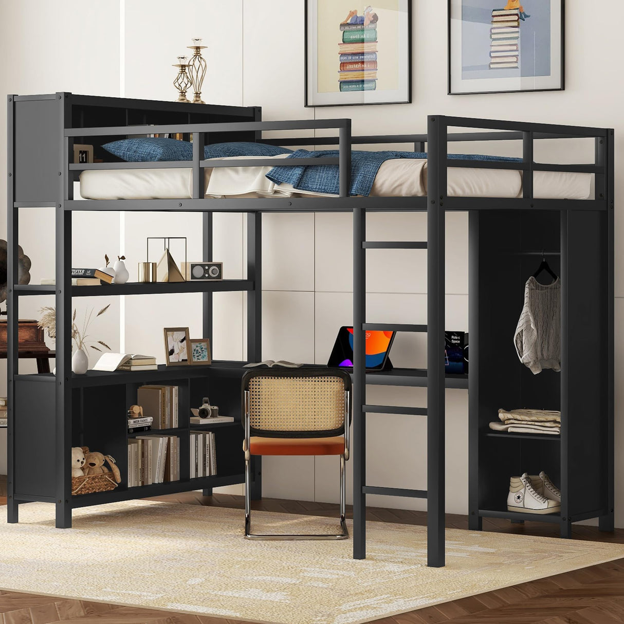 Full Size Loft Bed with Wardrobe and Storage Cubes, Heavy Duty Loft Bed with Desk, Storage Shelf and Guardrail, Black Bellemave