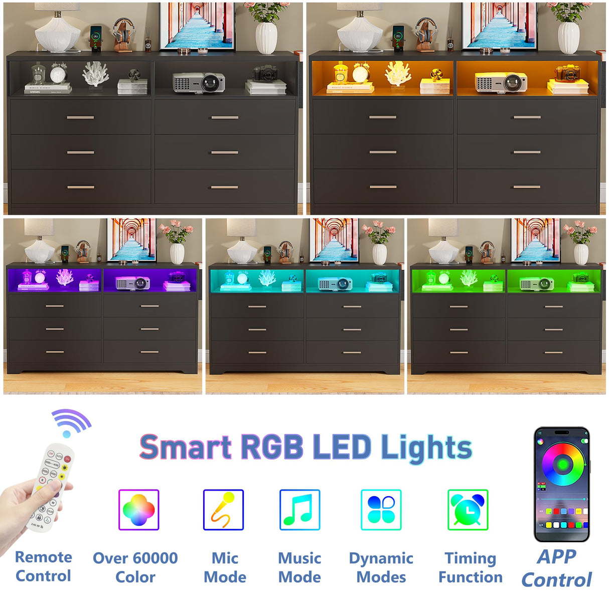 Whalefall Bedroom Dresser with LED Lights, Black 6 Drawers Dresser for Bedroom with Charging Station 55in Large Chest of Drawers, Wood Dresser TV Stand for Living Room Closet Entryway (Black) Whalefall