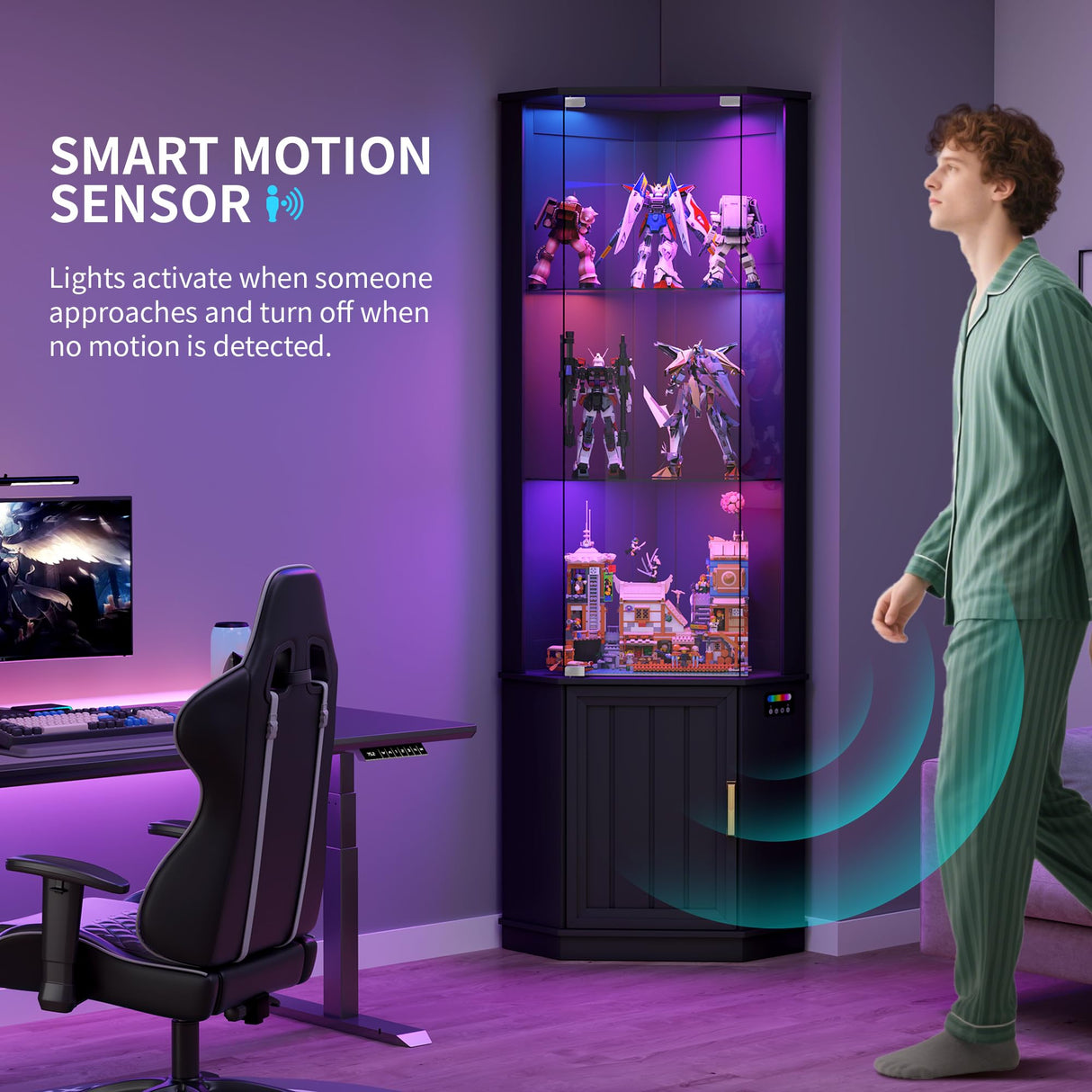 HNEBC 69" Tall Curio Display Cabinet with Glass Door and Movable Shelves,Corner Bookcase with LED Human Sensor Lights,5-Tier RGB Display Case for Collectibles,Bedroom Living Room HNEBC