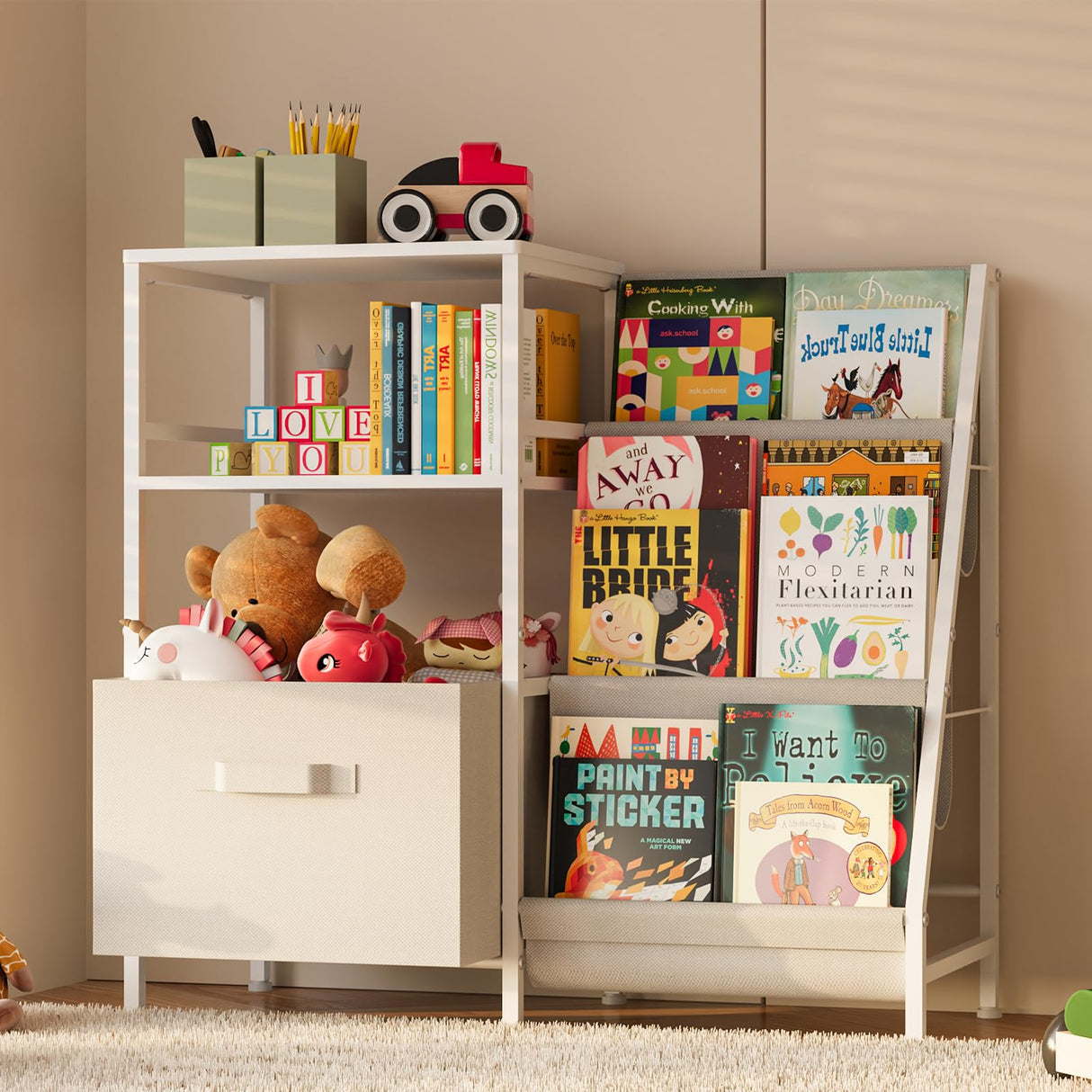 Kids Bookcases Montessori Bookshelf Nursery Book Shelves And Toy Storage With Drawer Childrens Toddler Bookshelf Sturdy Metal Kid's Toy Storage Organizer For Kids' Rooms Playroom kindergarten Aokitsink