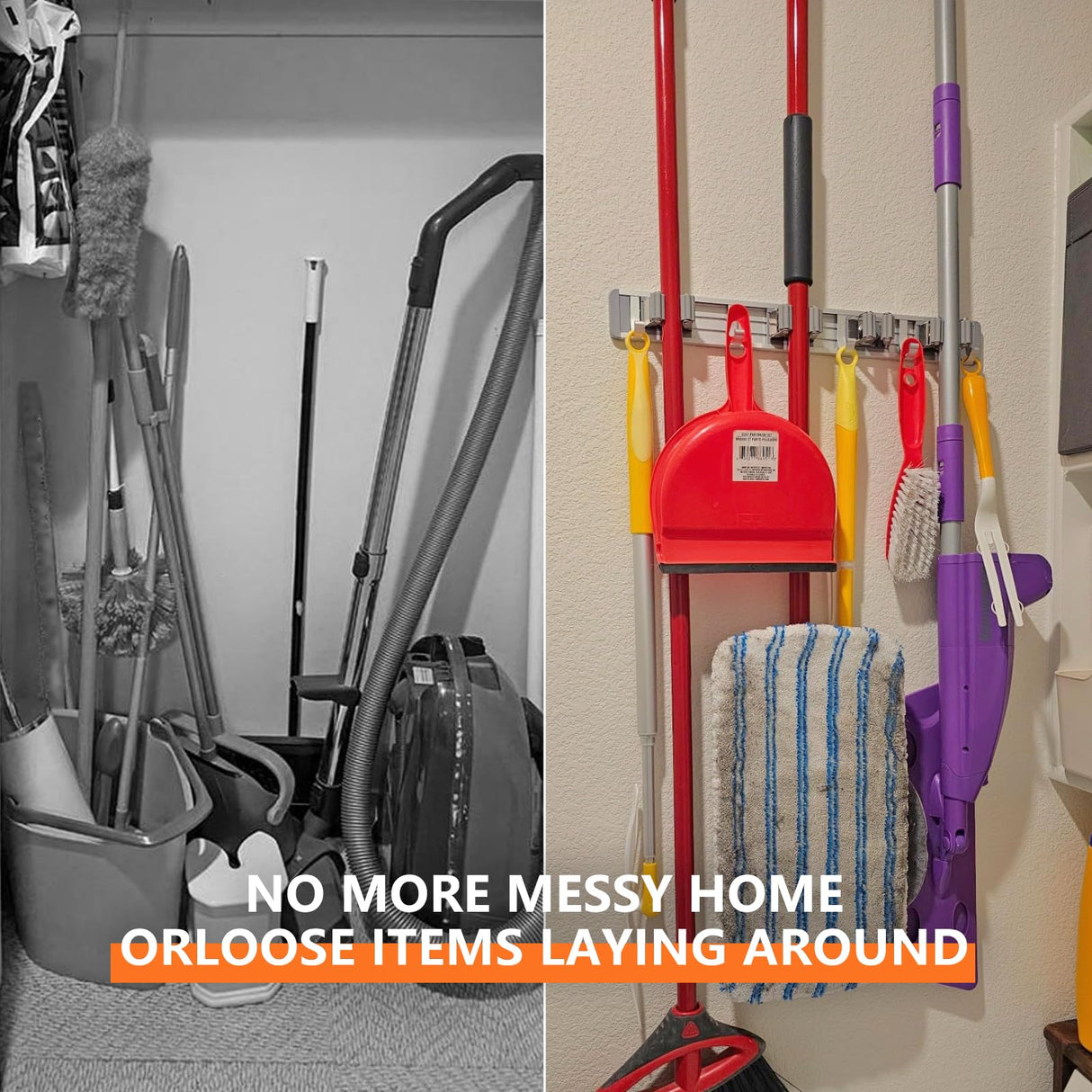 reliahom 2 Pack Broom Holder Wall Mount Mop and Broom Hanger Wall Mounted Garage Storage Rack Kitchen Garden Tool Organizer (5 Racks with 4 Hooks, Silver) reliahom