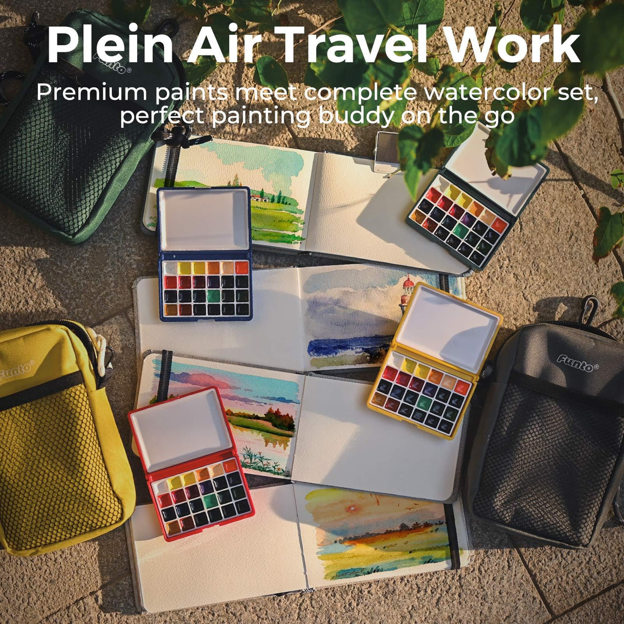 Funto Mini Watercolor Paint Set, All-In-One 24-Color Travel Paint Kit, with Crossbody Bag, Watercolor Journal, Paint Water Cup, Pocket Set for Artists Funto