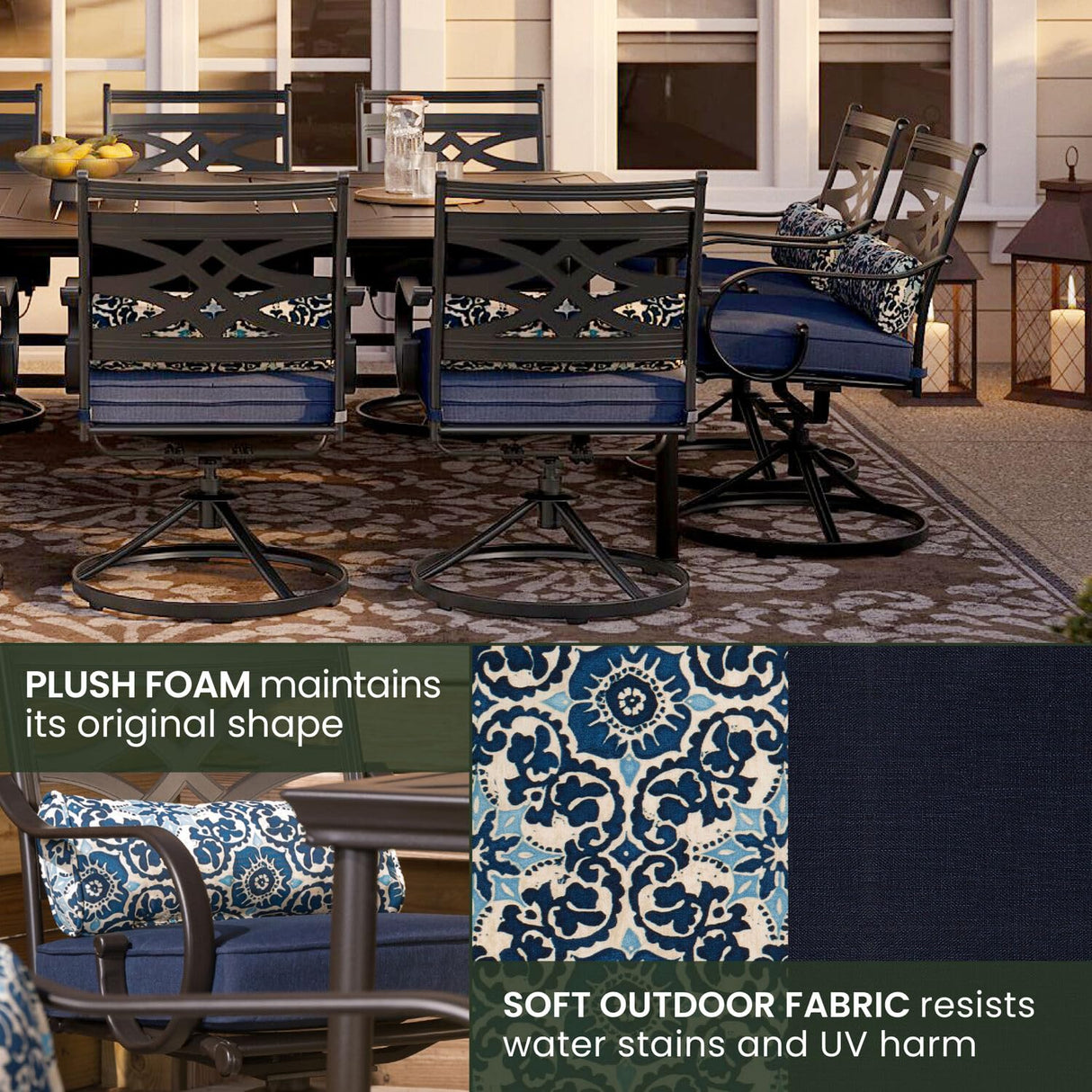 Hanover Montclair 11-Piece Patio Dining Set with 10 Swivel Rocker Chairs, Accent Lumbar Pillows and 84"x60" Steel Stamped Rectangular Table, Large Outdoor Patio Dining Set for 10, Navy Blue Hanover
