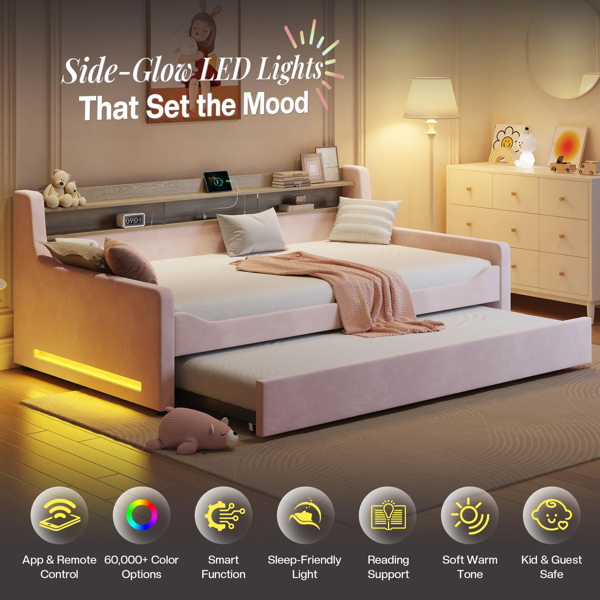 Jocisland Twin Daybed with Trundle, Upholstered Day Bed with Storage Headboard & Charging Station, LED Corner Bed Frame Furniture for Bedroom/Living Room/Guest Room,No Box Spring Needed, Velvet Pink Jocisland