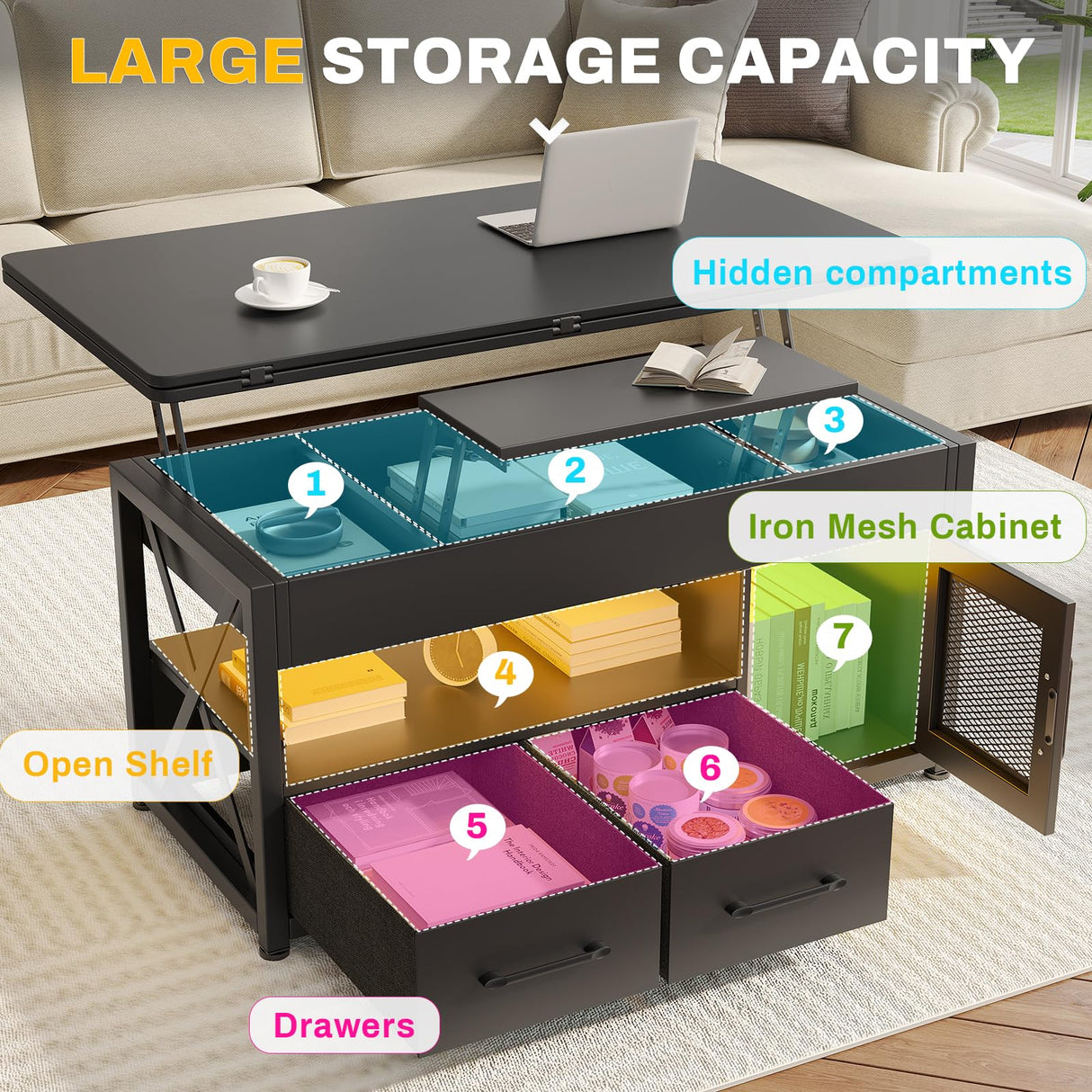 Itaar 40" Lift Top Coffee Table, 4 in 1 Coffee Tables with Storage Cabinet for Living Room, Small Farmhouse Coffee Table with 2 Fabric Drawers & LED Light for Dining Room, Black Itaar