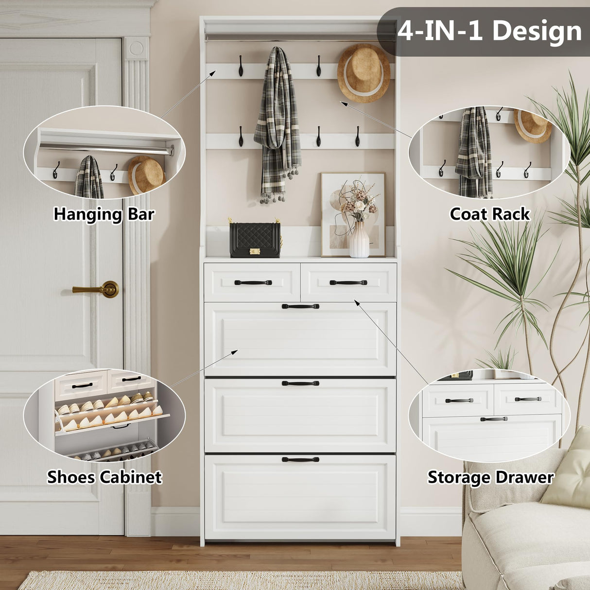 Betoko Hall Tree with Shoes Storage,Farmhouse Entryway Coat Rack Wooden Mudroom Hallway Tree Bench Corner Tree Cabinet with 8 Coat Hooks & 3 Shoes Cabinets & 2 Drawers(White) Betoko