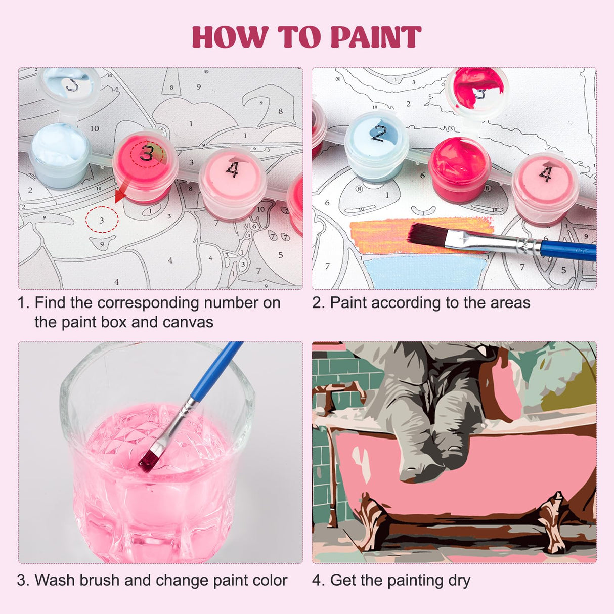 MXJSUA 4 Pack Elephant Shark Animals Framed Paint by Numbers Kit with Canvas for Adults Beginner, DIY Acrylic Oil Painting Kits with Brushes for Home Wall Decor Gift (8x10 inch) MXJSUA
