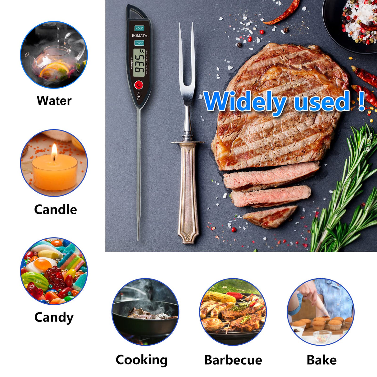 BOMATA Waterproof IPX7 Thermometer for Water, Liquid, Candle and Cooking. Instant Read Food Thermometer with Long Probe for Cooking, Meat, BBQ! T101 (Black Color)… BOMATA