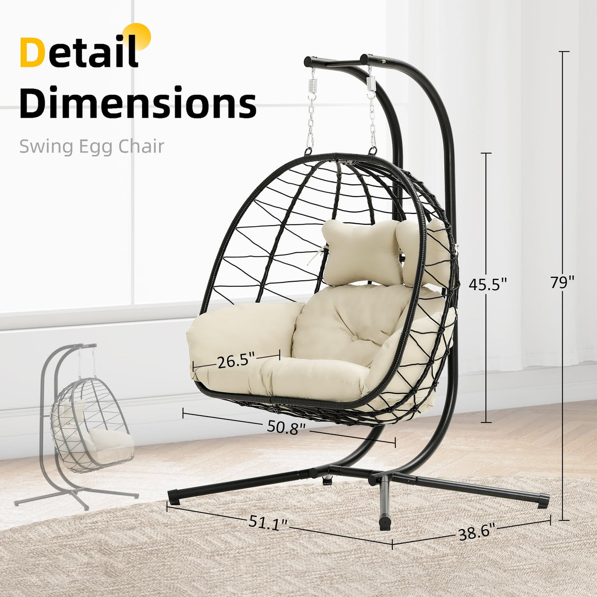 Double Egg Chair with Stand Hammock Swing Chair Foldable Hanging Loveseat, UV Resistant Removable Cushions, 700LBS Capacity for Bedroom, Balcony, Garden(BK-BE) DoubleTT