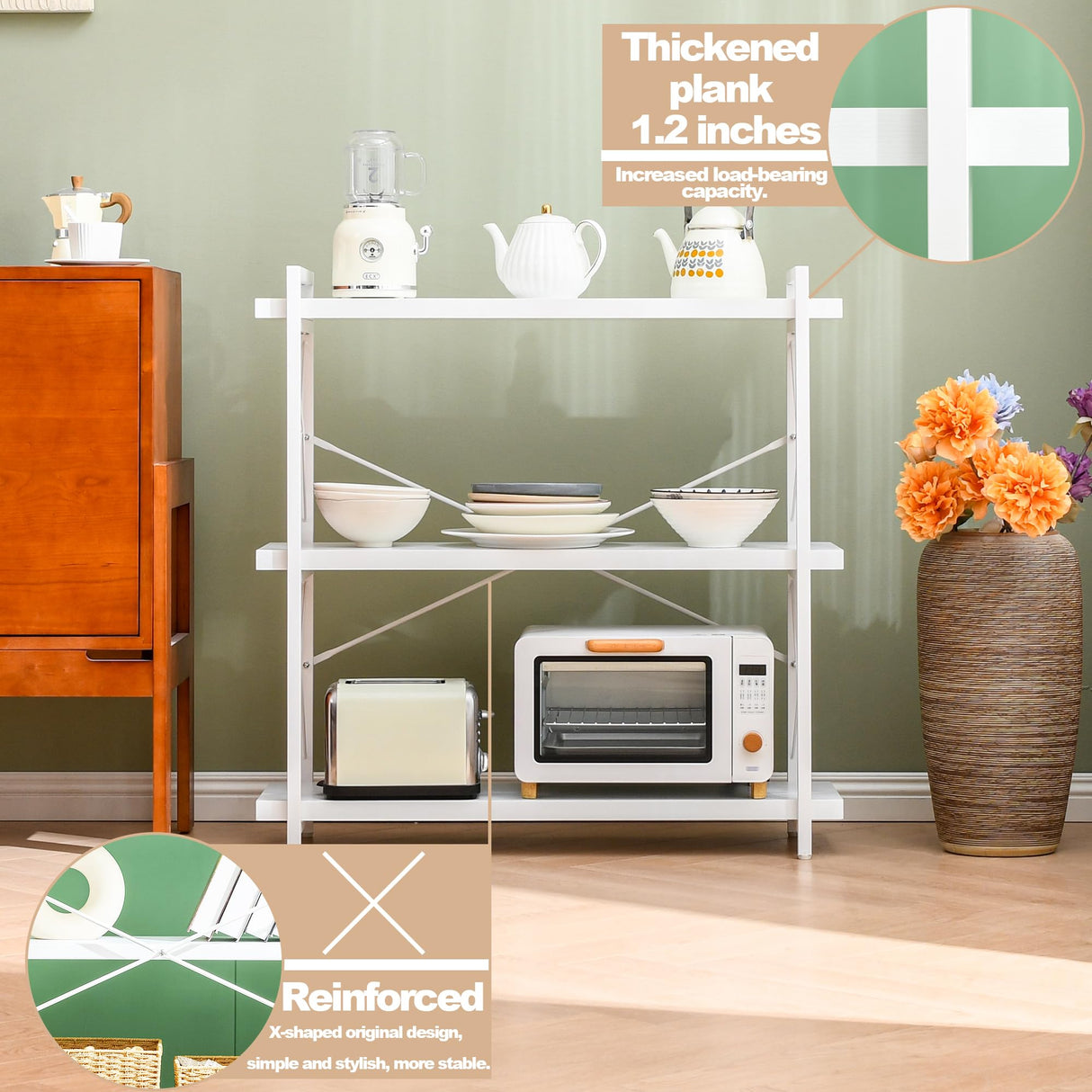 HCHQHS Bookshelf, 3-Tier Industrial Bookcase, White Open Book Shelf, Freestanding Horizontal Bookshelves with Metal Frame HCHQHS