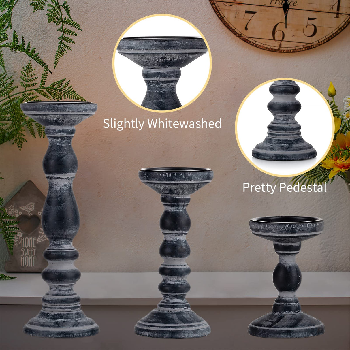Candle Holder for Pillar Candles: Romadedi Set of 3 Decorative Wood Candlestick Holders, Rustic Wooden Candle Stand for Fireplace Mantle End Table Shelf in Farmhouse Style, Black 6”, 8.3”, 12” Romadedi