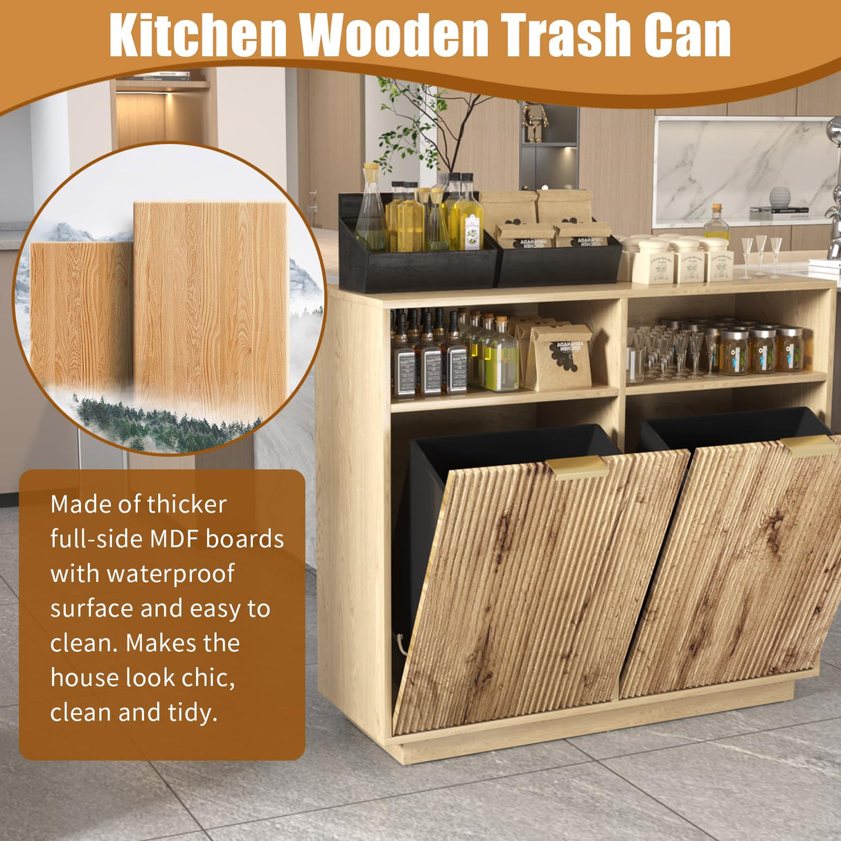 HSSZXFR 13 Gallon Trash Can Cabinet Wooden Fluted Furniture, Double Garbage Cabinet for Kitchens, Tilt Out Trash and Recycle Can Cabinet Combo Free Standing (Light Wood) HSSZXFR