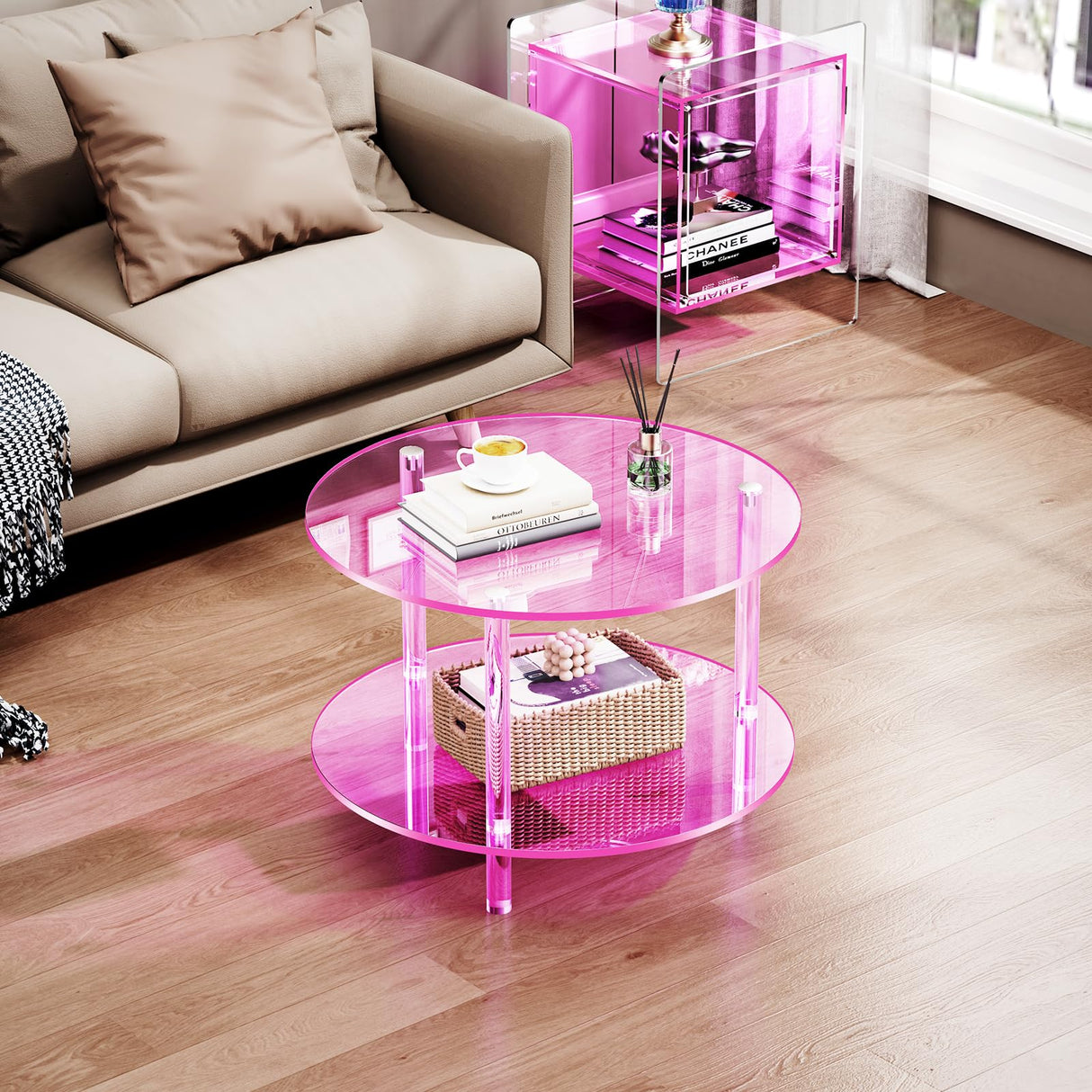 solaround Acrylic Coffee Table, Small Round Modern Coffee Table for Living Room, Pink solaround