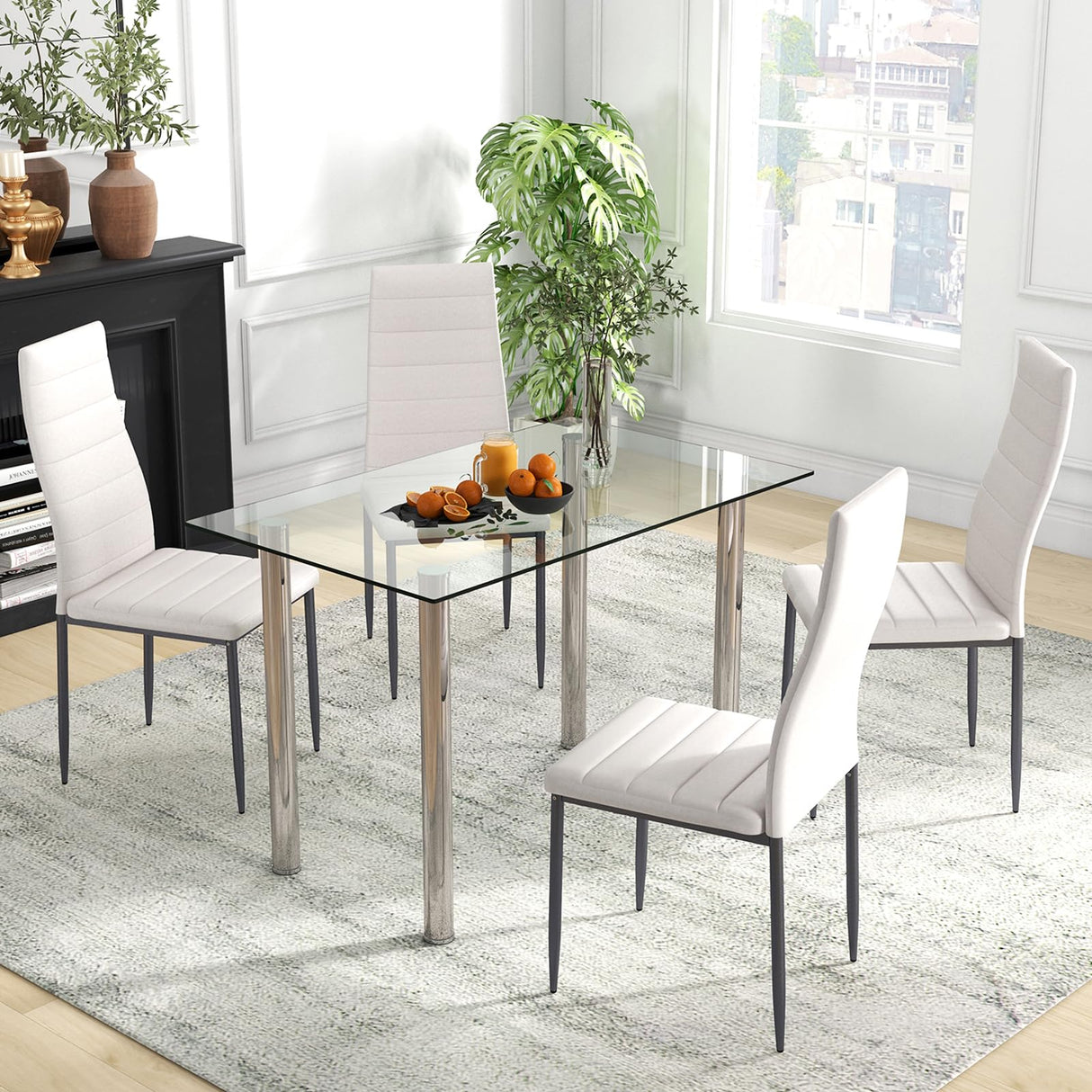 Tangkula 5 PCS Dining Table Set, Modern Tempered Glass Top and PVC Leather Chair w/4 Chairs, Dining Room Kitchen Furniture (White and Silver) Tangkula