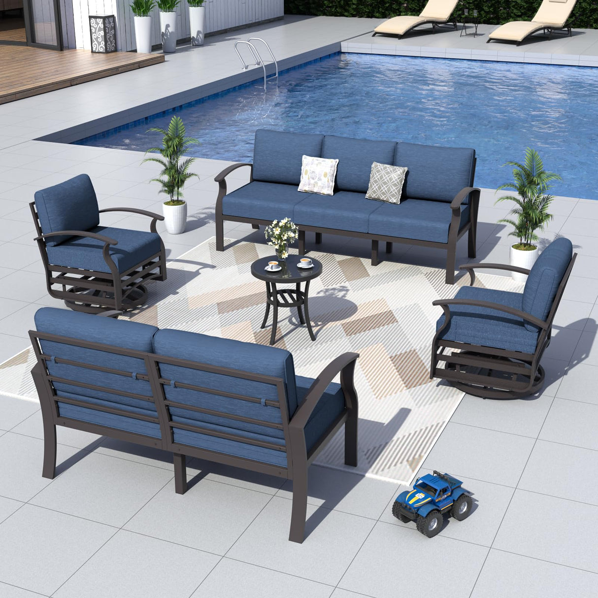 ALAULM Aluminum Patio Furniture Set with 2 Swivel Chairs 7-seat Metal Outdoor Furniture Patio Sectional Sofas Patio Conversation Set w/5.1" Cushions for Patio, Backyard, Poolside-Dark Blue ALAULM