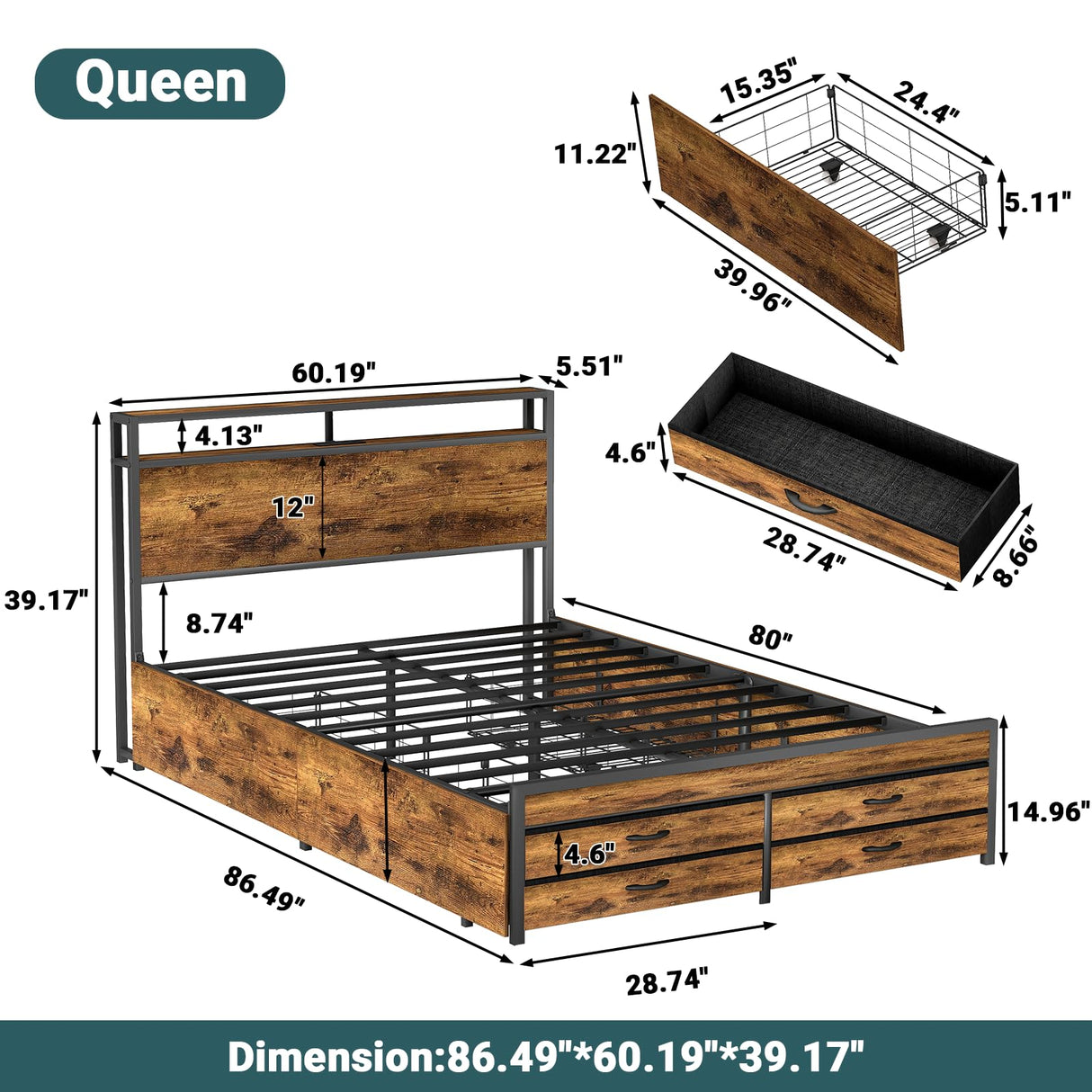 Zevemomo Queen Bed Frame with 8 Storage Drawers, Queen Metal Bed Frame with LED Light and Charging Station, Heavy Duty Metal Slats, No Box Spring Needed, Rustic Brown Zevemomo