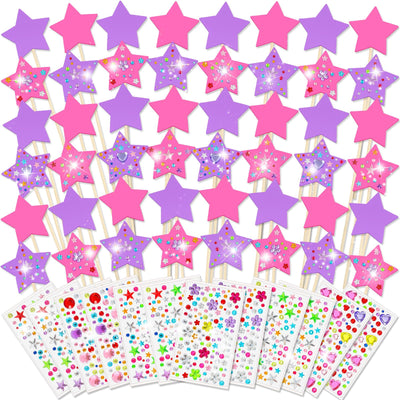Juexica 60 Pcs Princess Fairy Wand Kit Includes 48 Make Your Own Princess Craft Unfinished Wooden Fairy Wand and 12 Gem Stickers for Girls DIY Magical Crafts