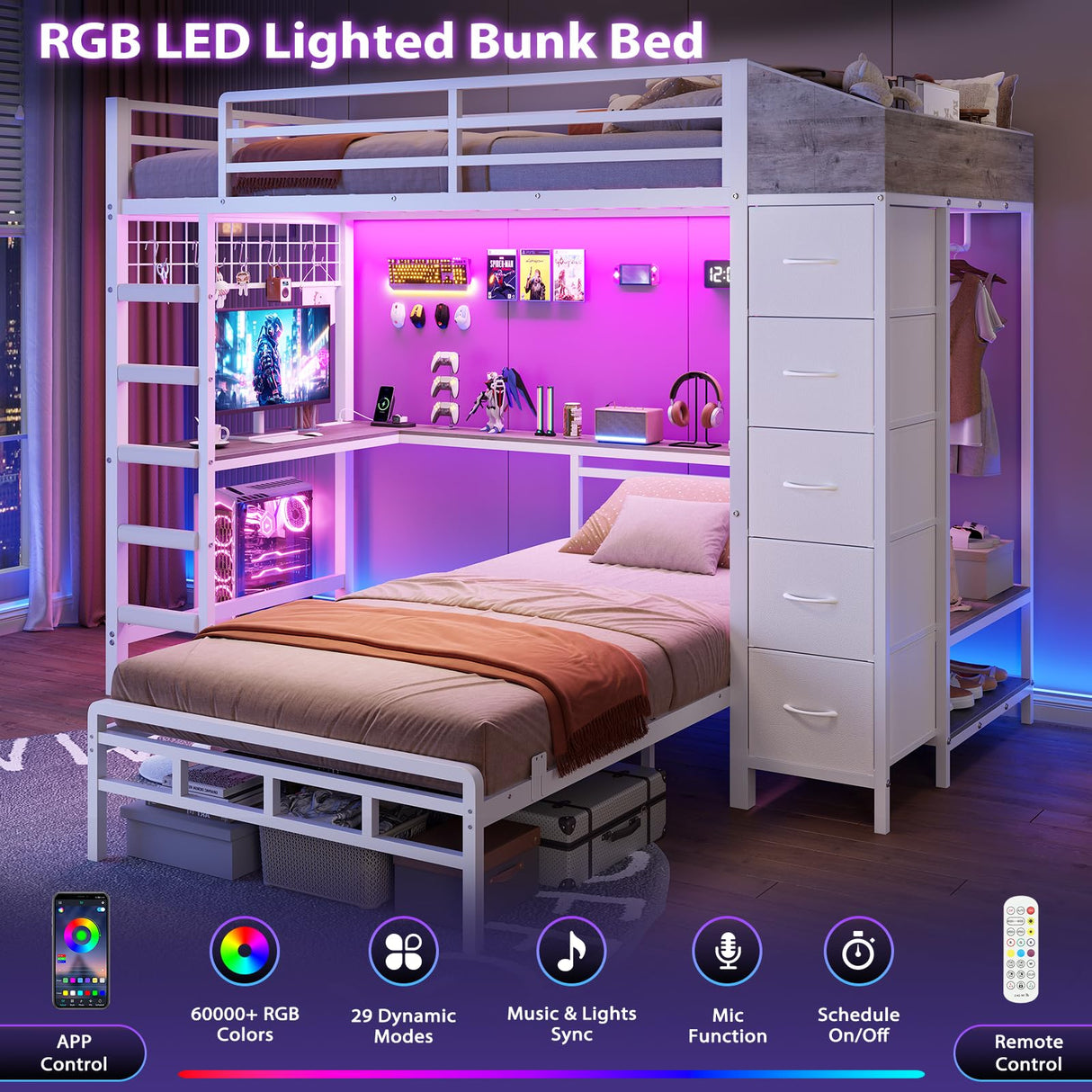 VIAGDO Bunk Bed Twin Over Twin with Hall Tree, Charging Station and LED Lights, L-Shaped Bunk Bed with Desk, 5 Storage Drawers, Twin Bunk Beds with Guardrail & Stairs, No Box Spring Needed, White VIAGDO