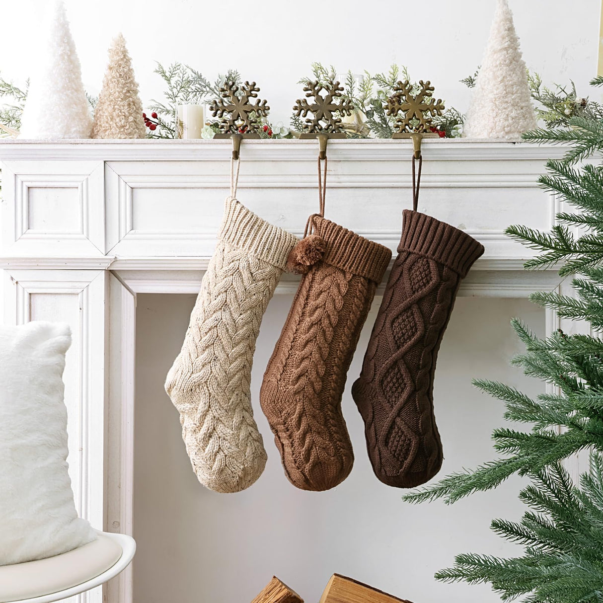 Pawliss Farmhouse Knitted Christmas Stockings: 3 Pack 18 Inch Neutral Cable Knit Fireplace Stockings, Cozy Hanging Xmas Stockings Rustic Stocking Decorations for Family Holiday Décor, Earth Tones Pawliss