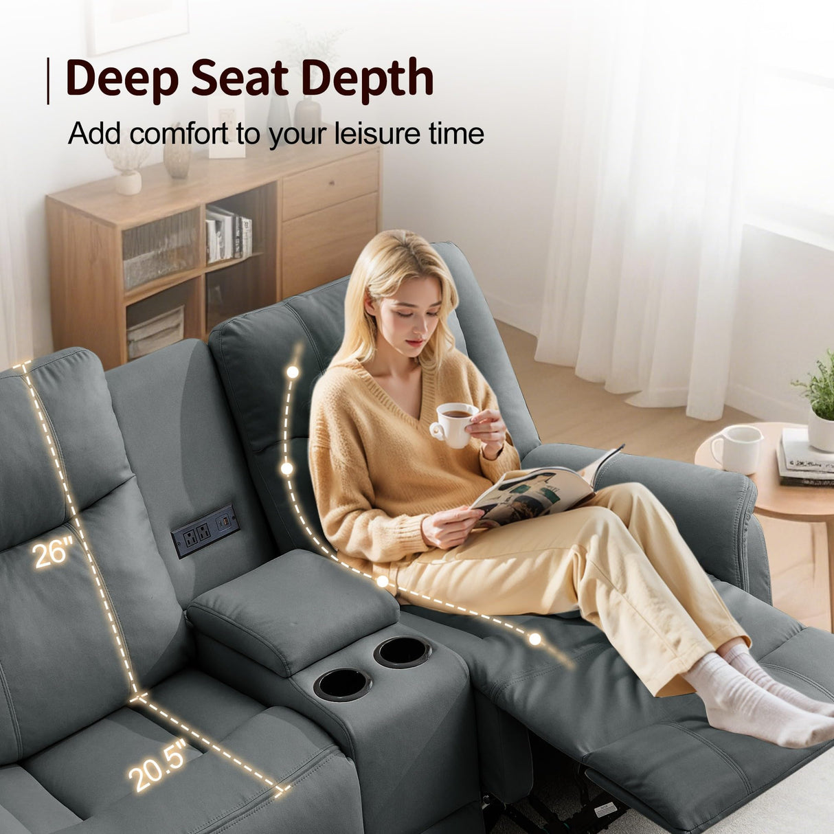 Korser Loveseat Recliner Sofa, Reclining Loveseat Couch with Manual Pull Tab, Reclining Couch with Console, USB Port, US Outlets, and Cup Holders, 2-Seater Performance Fabric Sofa for Living Room, RVs Korser