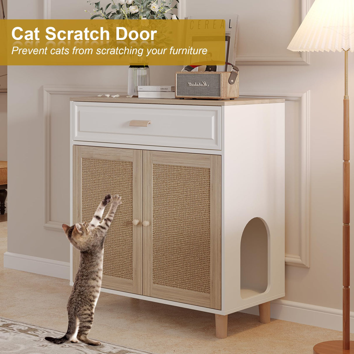 Cat Litter Box Enclosure Furniture Hidden Indoor 2-in-1 Wooden Cat House & Washroom Cabinet with Scratching Board Doors and Drawer, 31.5"x15.7"x34.6"H Faceket